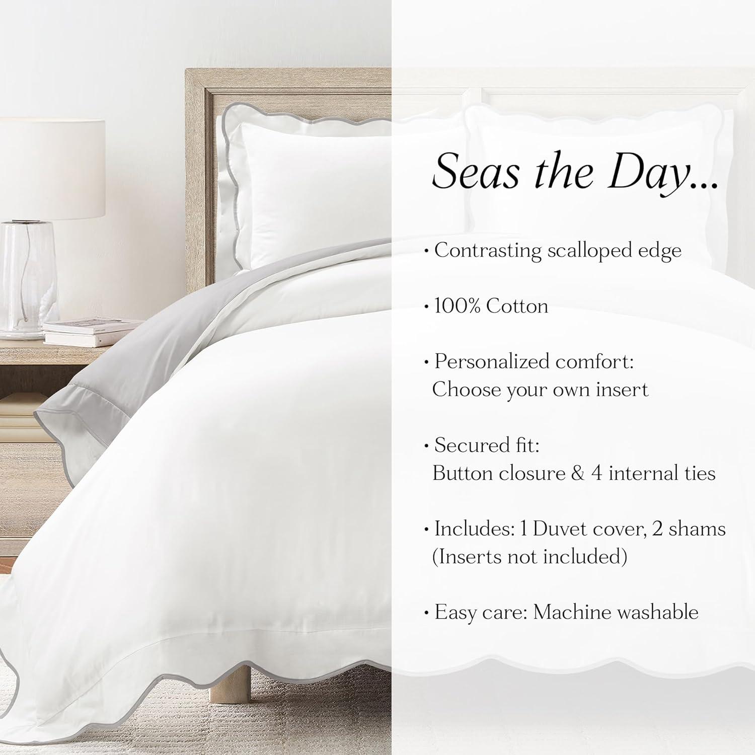 3pc Full/Queen Coastal Chic Scallop Edge Duvet Set Gray/White - Lush Décor