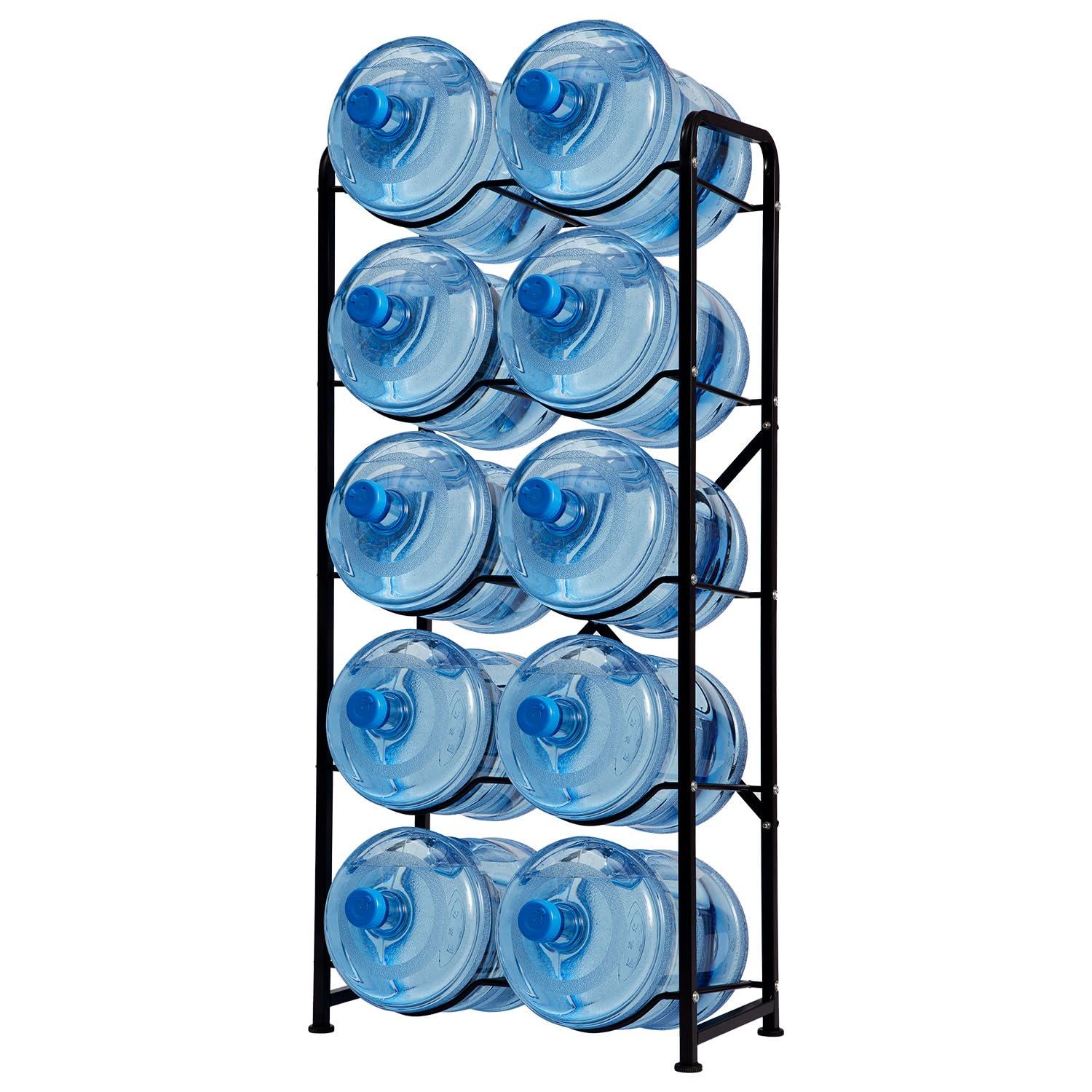 5 Gallon Water Jug Holder, 5-Tier Reinforced Carbon Steel Bottle Storage Rack for 10 Bottles - Cooler Organizer for Office, Family, Garages, Restaurant, Gym. Black