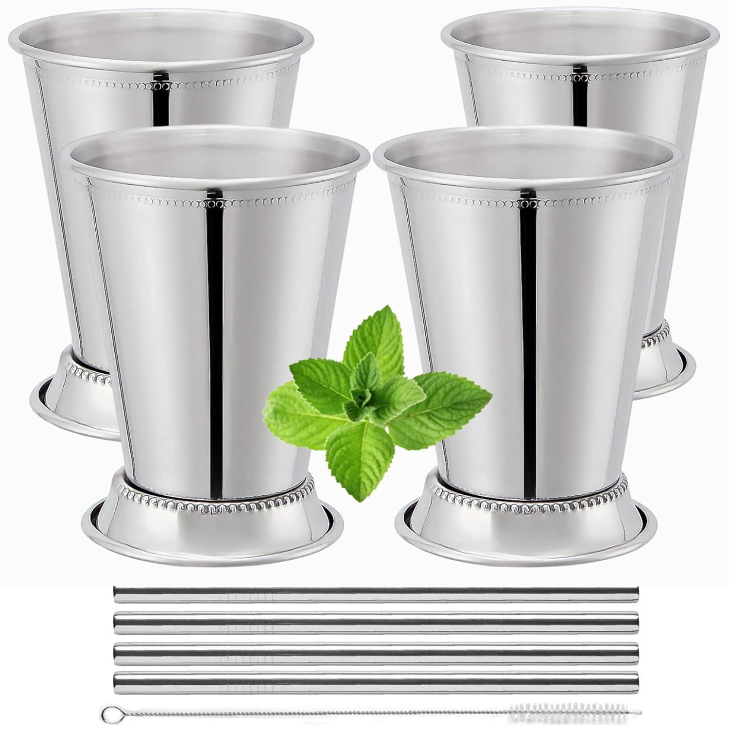 Mint Julep Cups Set of 4 with Straws - Polished Inside - 12oz Commercial Grade - Stainless Steel Mint Julep Cup - Horse Racing Derby Cups - Mint Julep Glasses are Great as Derby Party - Mint Julep Kit