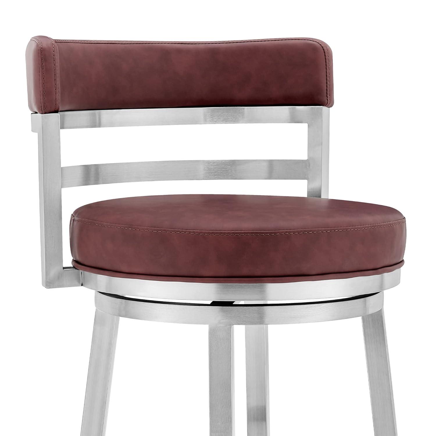 Armen Living Titana 30" Bar Height Swivel Red Faux Leather and Brushed Stainless Steel Bar Stool