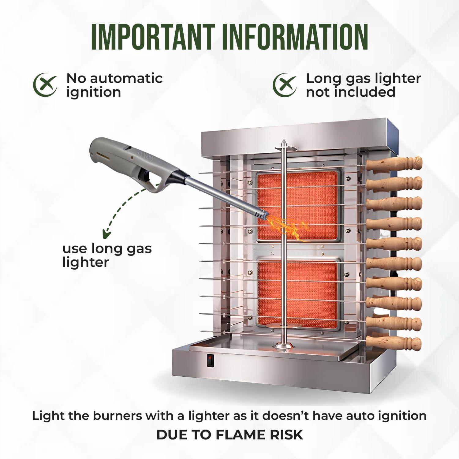 Homira Vertical Shawarma Machine - 2 Burner Rotisserie Grill, Doner Kebab and Tacos Al Pastor Machine with 10 Kebab Skewers