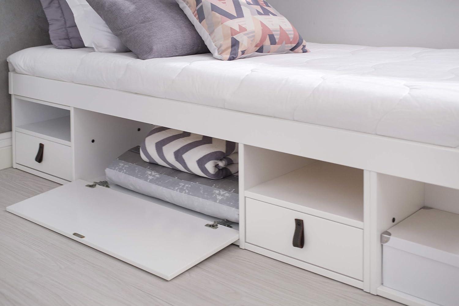 Memomad Bali Storage Platform Sturdy Bed Frame with Drawers and More (White Wood Twin Size)