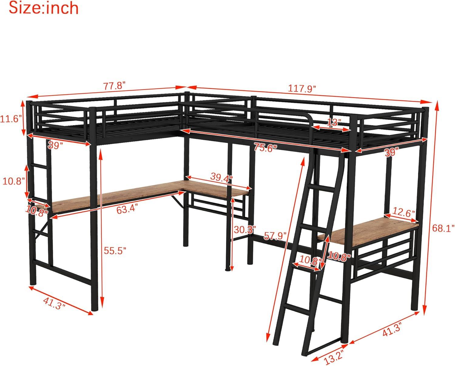 Mason & Marbles Double Twin Size Loft Beds, Metal L-Shaped Loft Bed Frame With Two Desk
