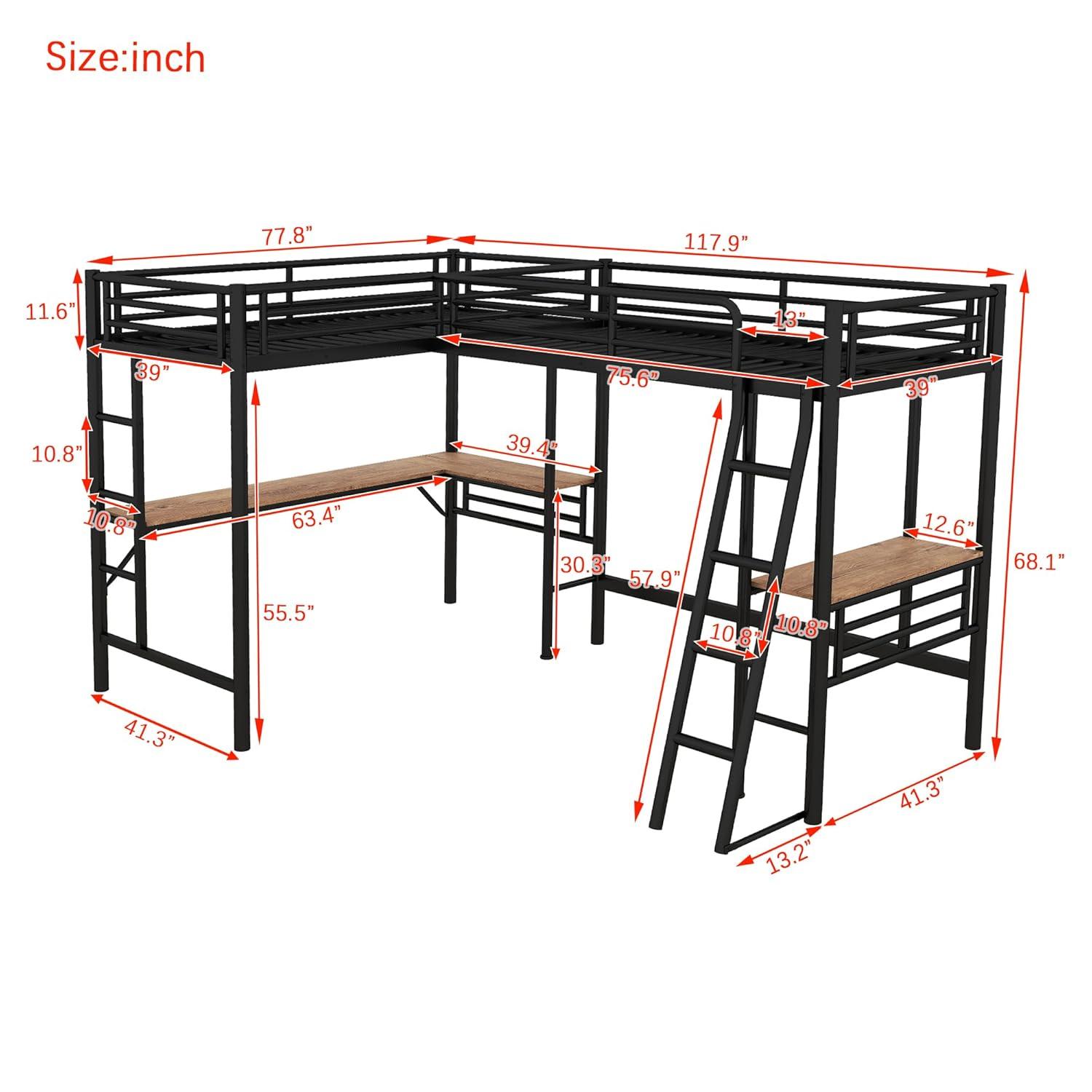 Mason & Marbles Double Twin Size Loft Beds, Metal L-Shaped Loft Bed Frame With Two Desk