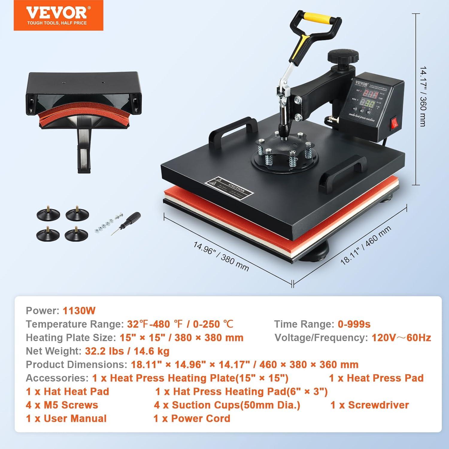 VEVOR 15x15 Black Aluminum 2-in-1 Heat Press Machine