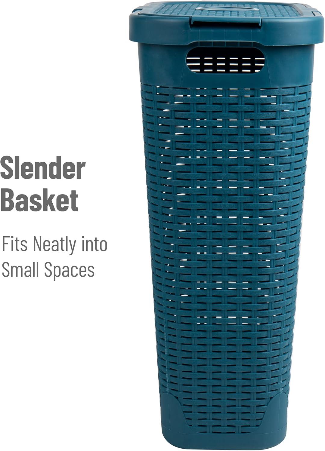 Mind Reader 40L Slim Laundry Hamper, Clothes Basket, Lid, Wicker Design, Plastic, 18"L x 10.4"W x 23.5"H, Set of 2, Blue
