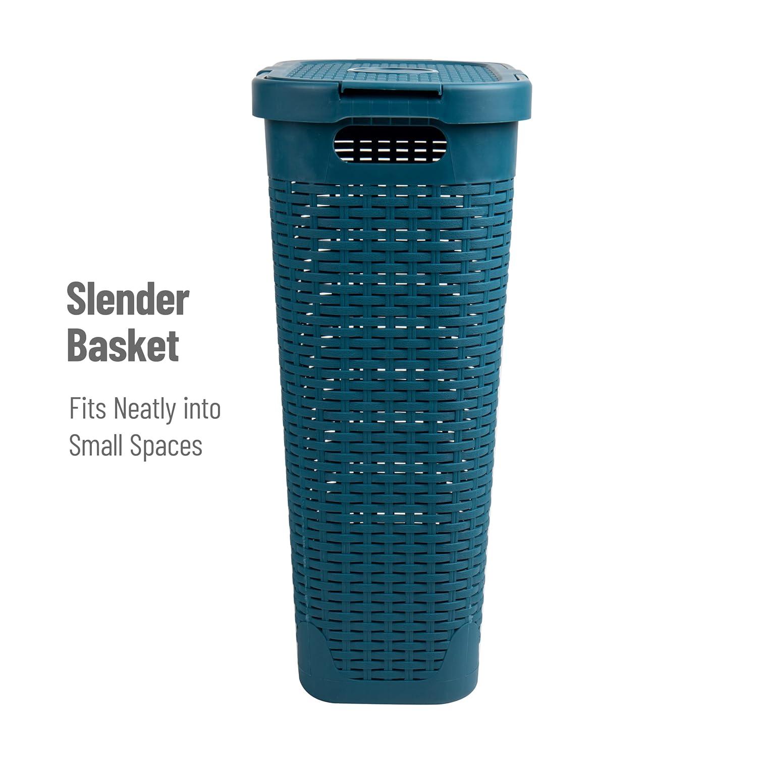 Mind Reader 40L Slim Laundry Hamper, Clothes Basket, Lid, Wicker Design, Plastic, 18"L x 10.4"W x 23.5"H, Set of 2, Blue