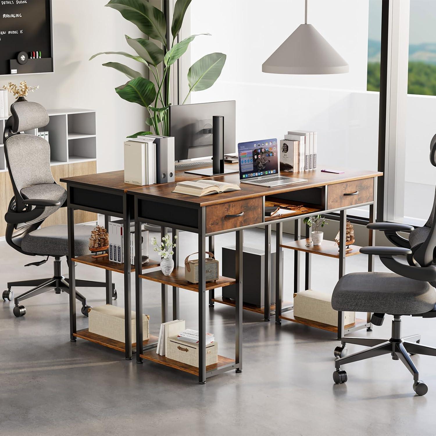 OLIXIS Computer Desk with Drawers Study Writing Table with Storage Bag Headphone Hook Adjustable Feet for Home Office Small Spaces,48IN Rustic