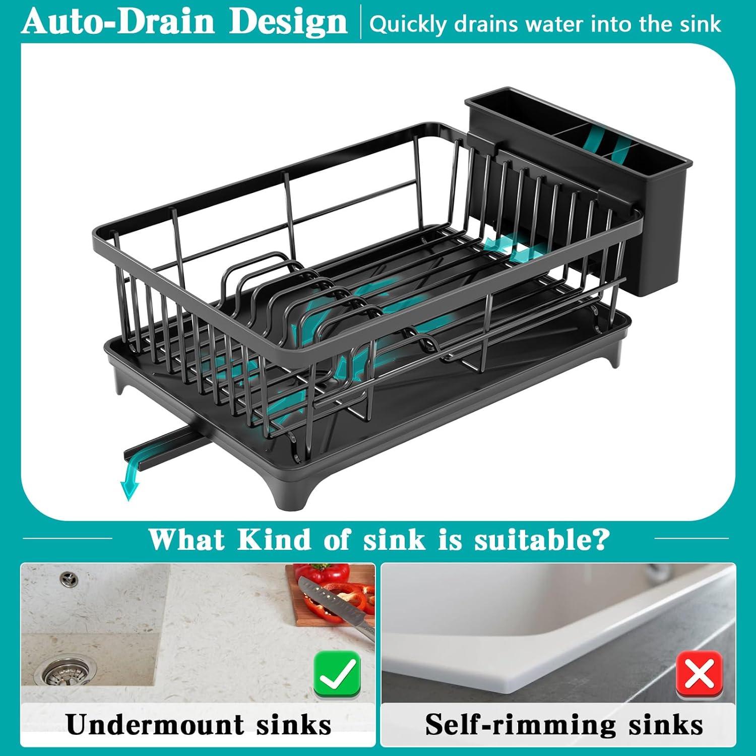 iSPECLE Dish Drying Rack with Drainboard - Dish Racks for Kitchen Counter, Rust-Resistant Compact Dish Drainer with Utensil Holder, Drain Spout and High Feet on Drip Tray, Black