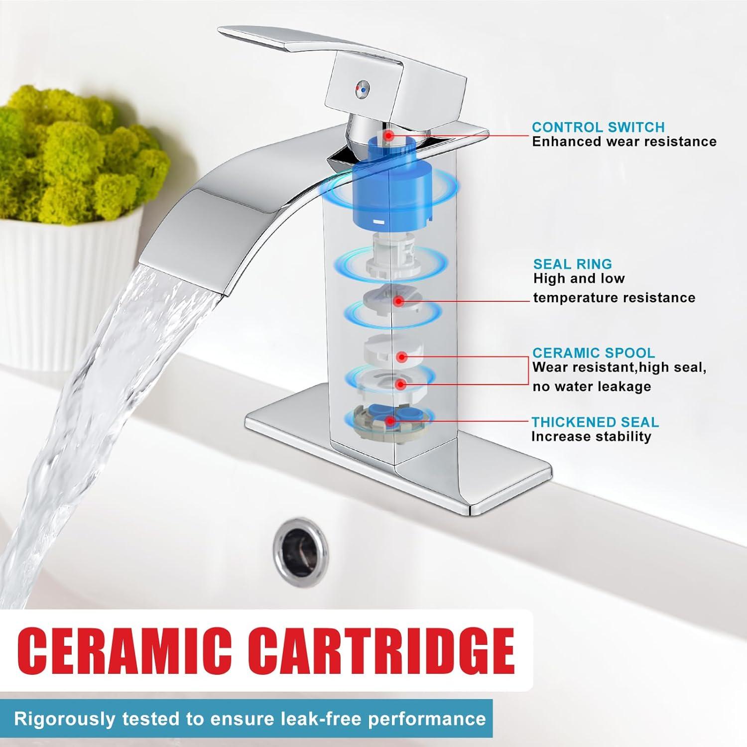 Midanya Waterfall Spout Bathroom Faucet Single Handle 1 Hole Bathroom Sink Faucet,Modern RV Lavatory Vanity Basin Tap with Water Hose,Short Body,Polish Chrome