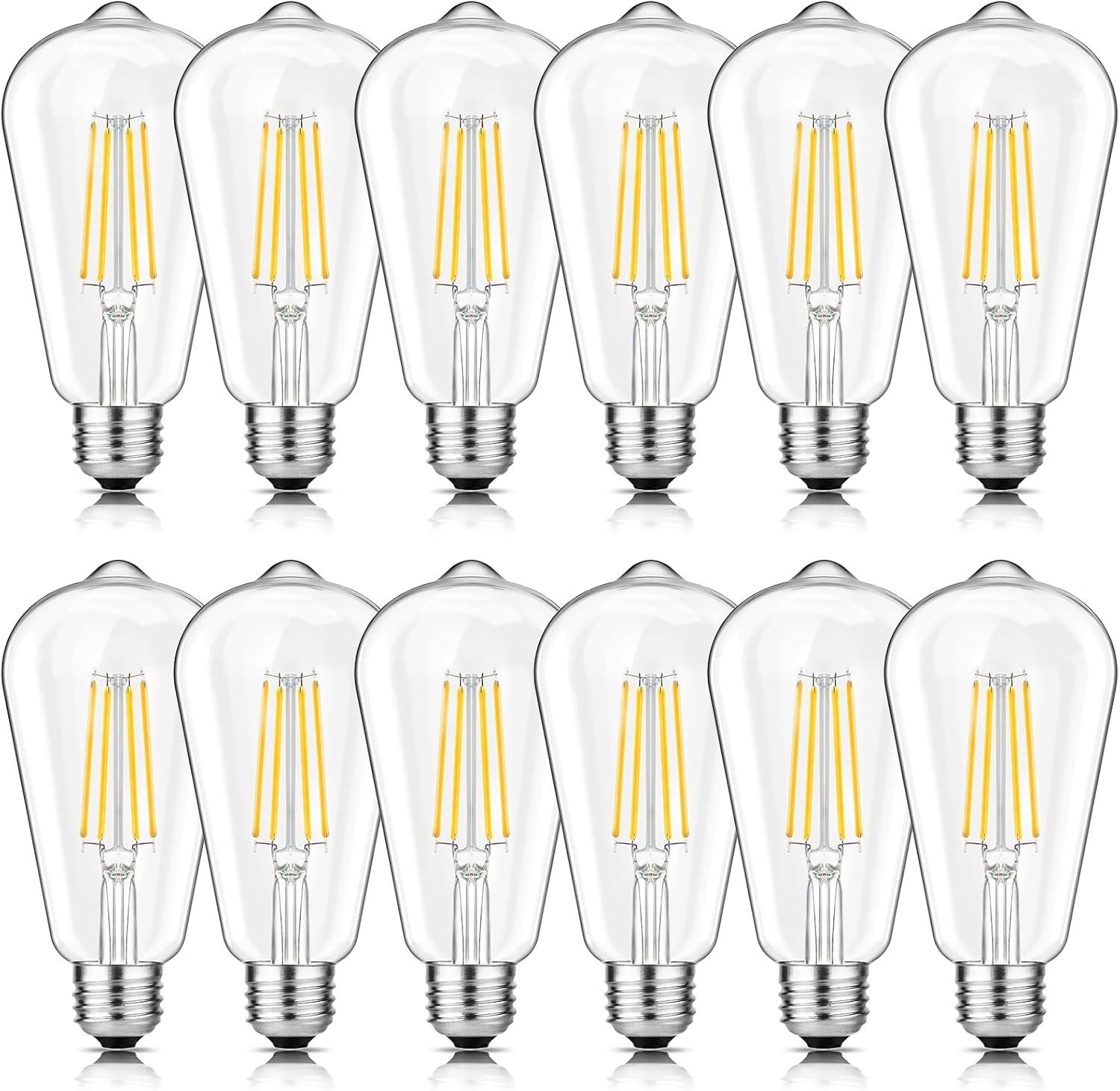 KY Vintage LED Edison Bulbs 6W, Equivalent 60W Incandescent, Warm White 2700K, ST58 Antique LED Filament Bulbs with 90+ CRI, E26 Medium Base,Dimmable, Clear Glass, Pack of 6