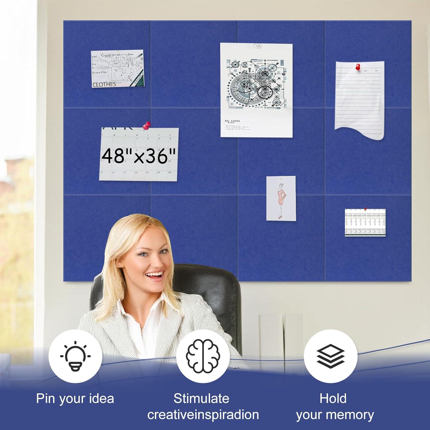Large Cork Board Alternative 48" x 36", Black Bulletin Board, 12 Pack Felt Wall Tiles With 50 Pushpins, Pin Board Tack Board for Office (Dark Blue)
