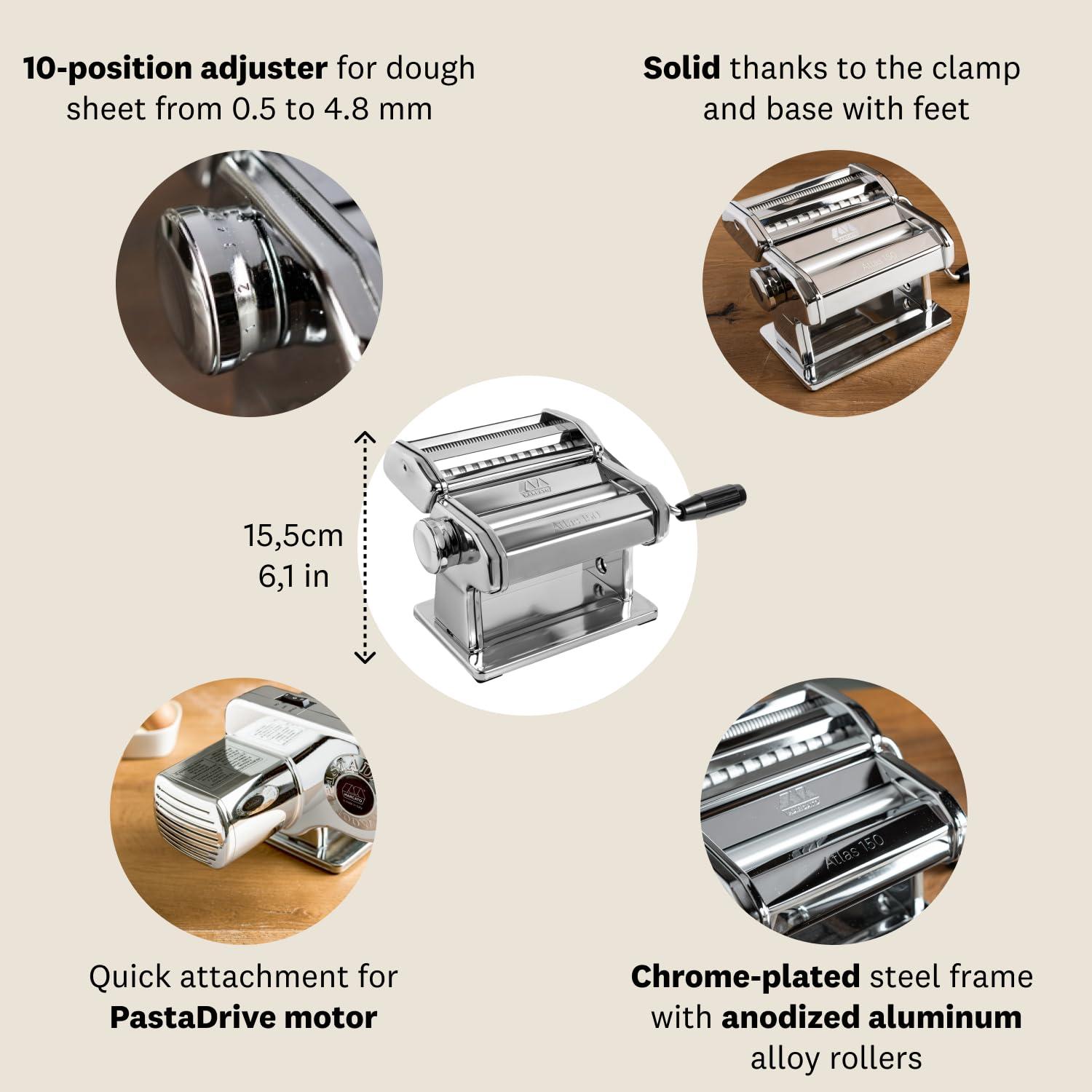 Marcato Atlas 150 Pasta Machine with Cutter and Hand Crank, Made in Italy