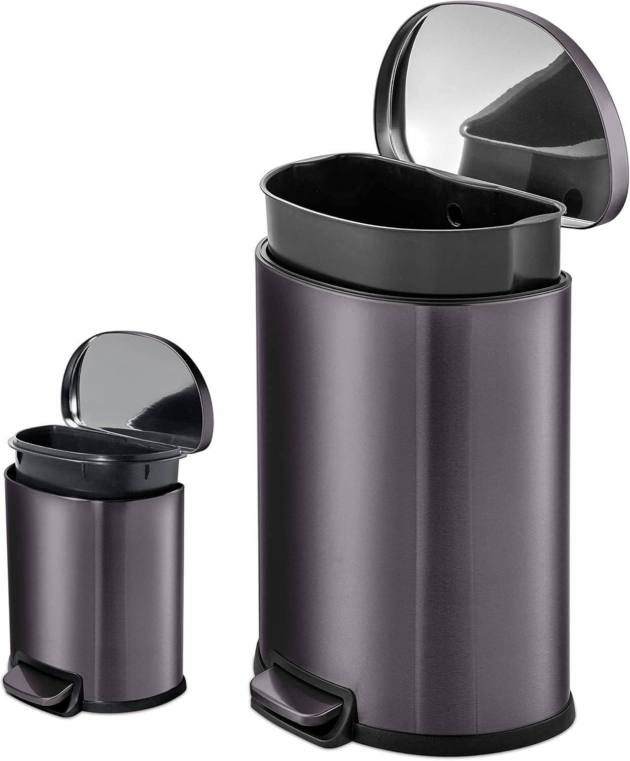 Qualiazero 13.2 gal Rectangular Step Trash Can, Plus Two 1.3 gal Trash Cans, Black Stainless Steel