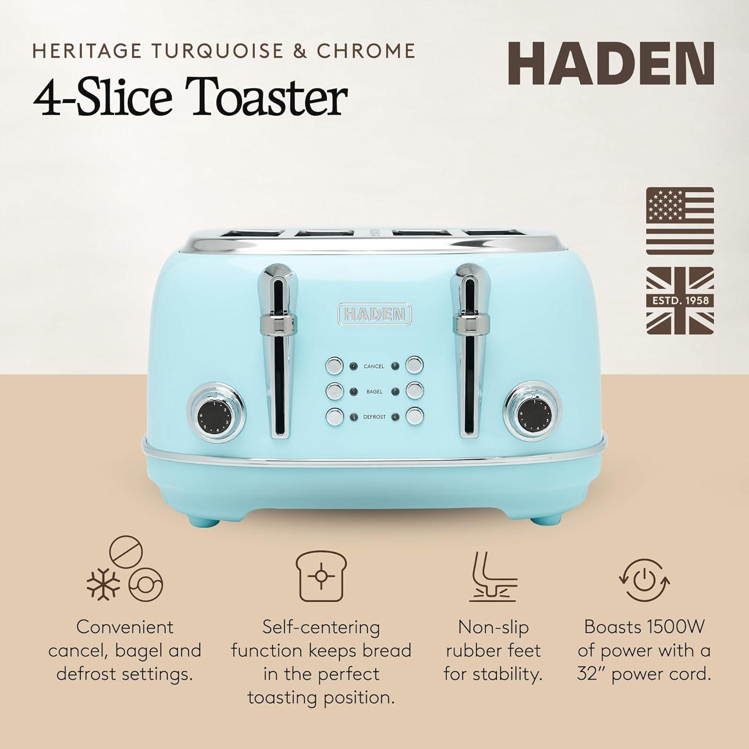 Haden Heritage 4 Slice Wide Slot Stainless Steel Toaster with Adjustable Browning Control & Non-Slip Feet, Turquoise & Chrome