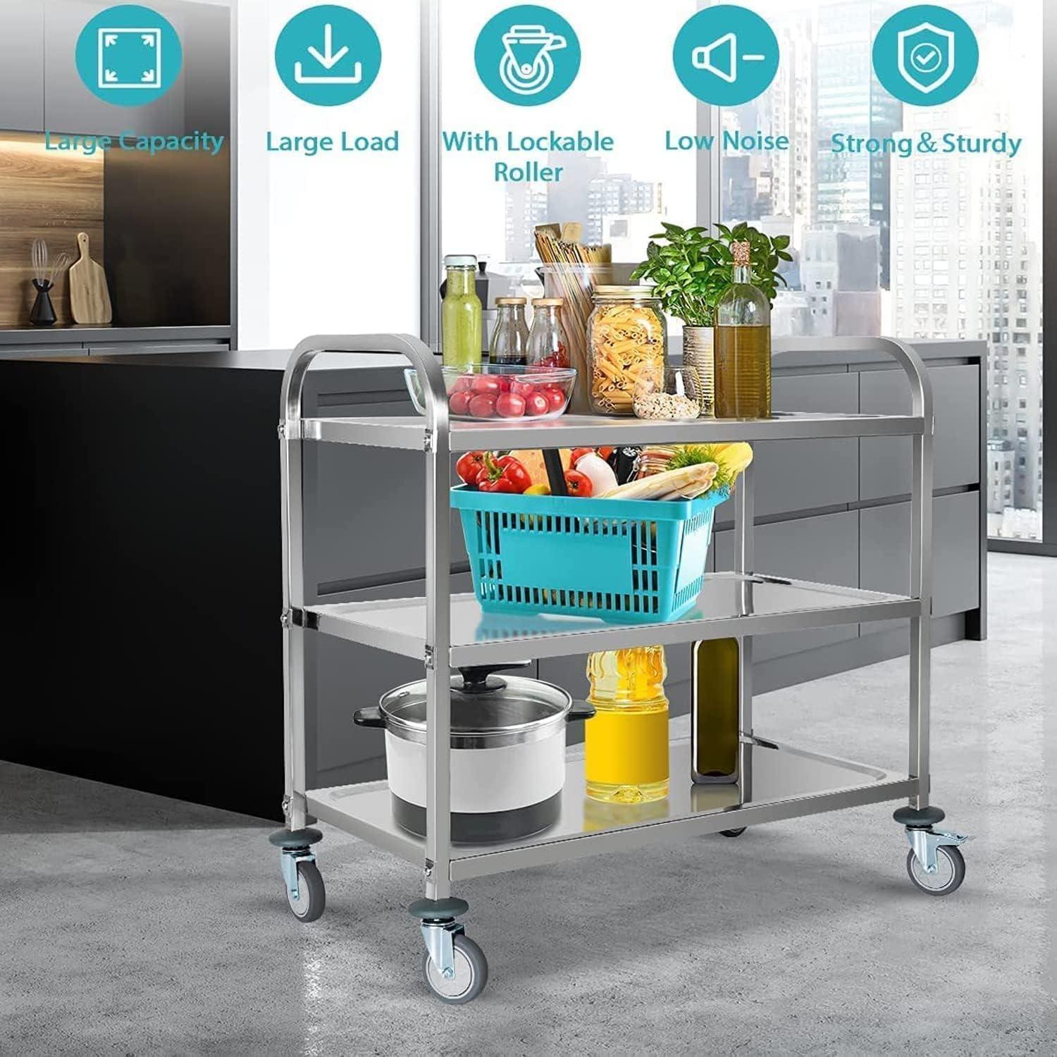 3 Tier Stainless Steel Utility Cart Kitchen Rolling Carts With Wheels