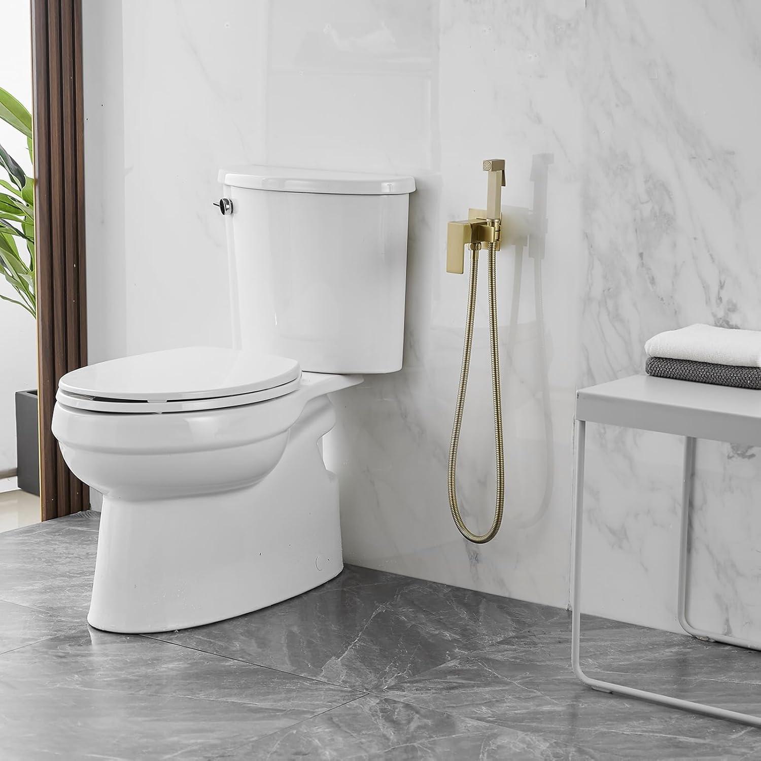 BWE Handheld Toilet Bidet Sprayer for Toilet with Adjustable Water Pressure Hot and Cold Bidet Spray Set Toilets Bidets Wall Mount Cleaning Faucet Jet for Feminine Wash, Brushed Gold