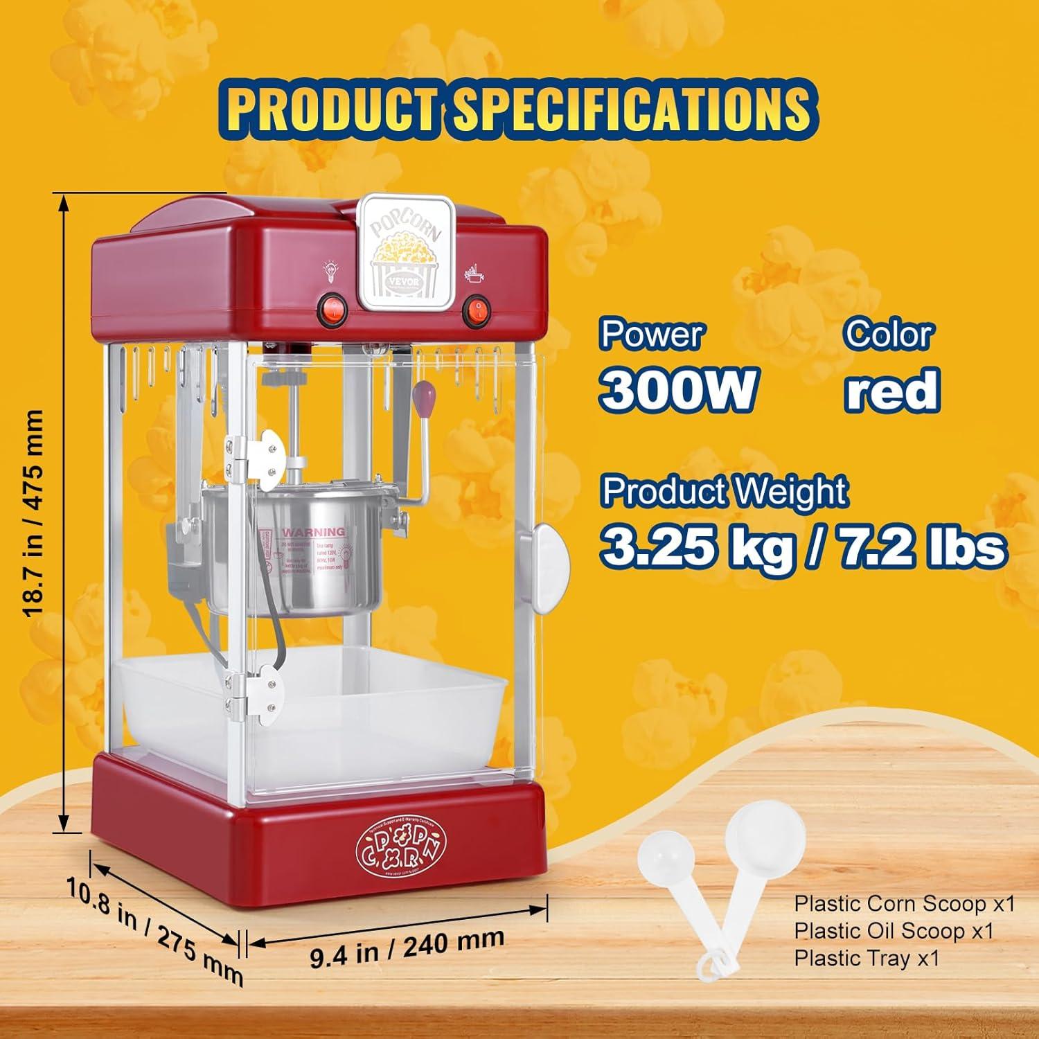 Stellweilan Tessberg Popcorn Popper Machine Tabletop Popcorn Maker 300W 2.5 Oz Red