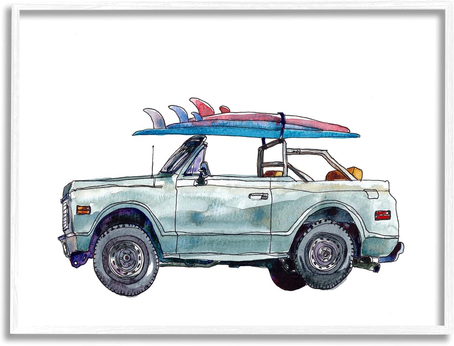 Stupell Industries Retro Beach Cruiser with Surfboard Minimal Illustration, 16 x 20,Design by Paul McCreery
