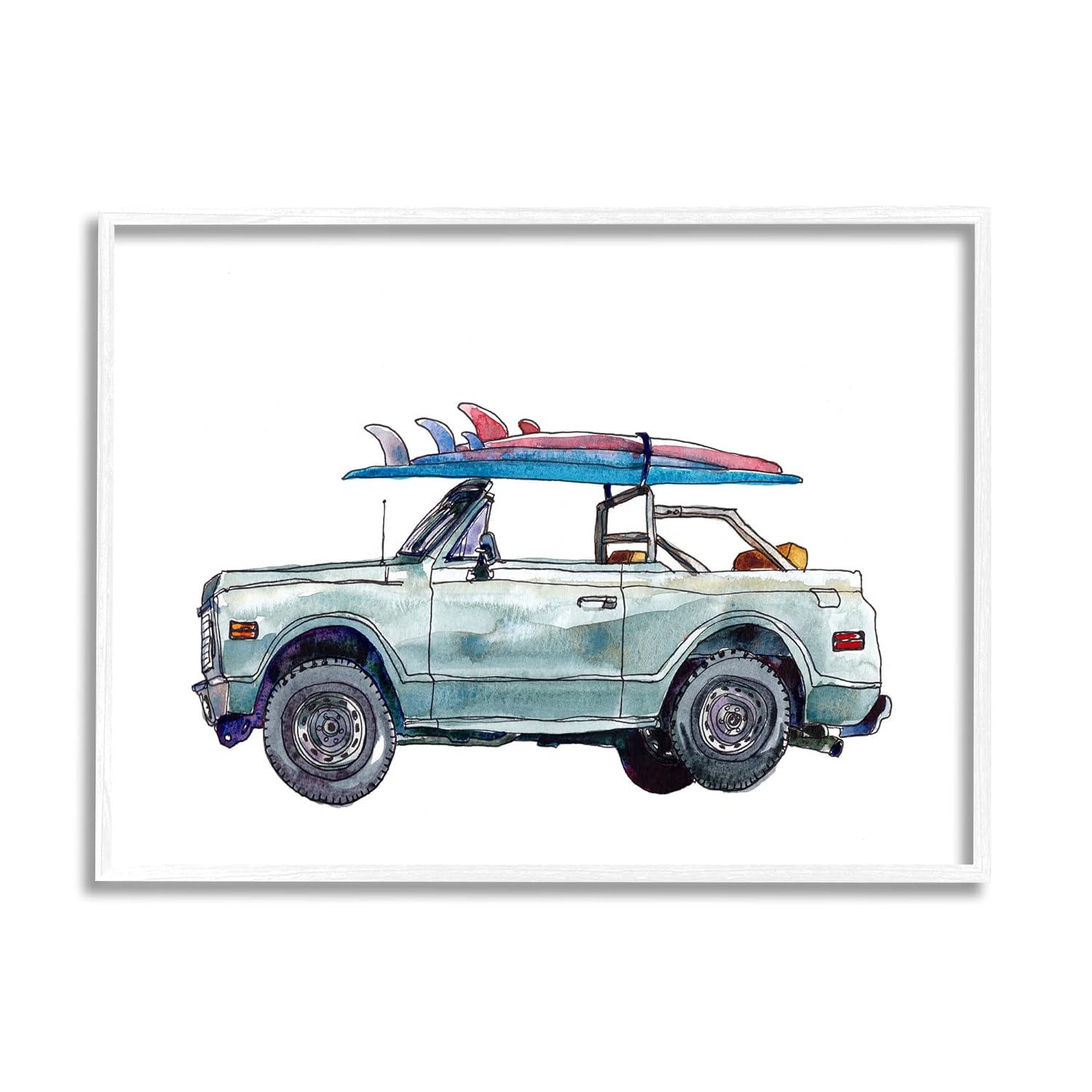 Stupell Industries Retro Beach Cruiser with Surfboard Minimal Illustration, 16 x 20,Design by Paul McCreery