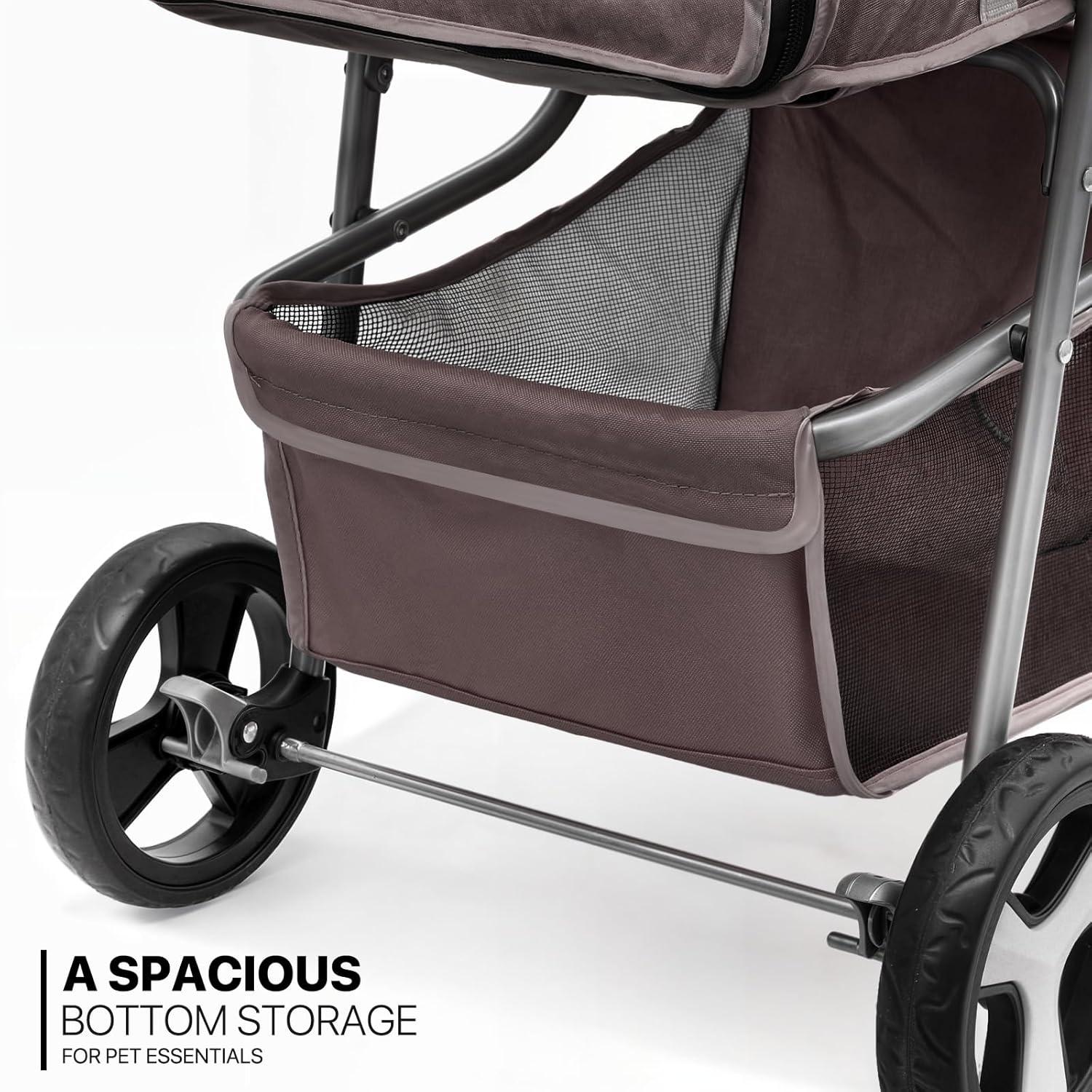 3 Wheel Folding Pet Stroller, Foldable Dog Jogger Stroller with Storage Basket, Cup Holder & Canopy