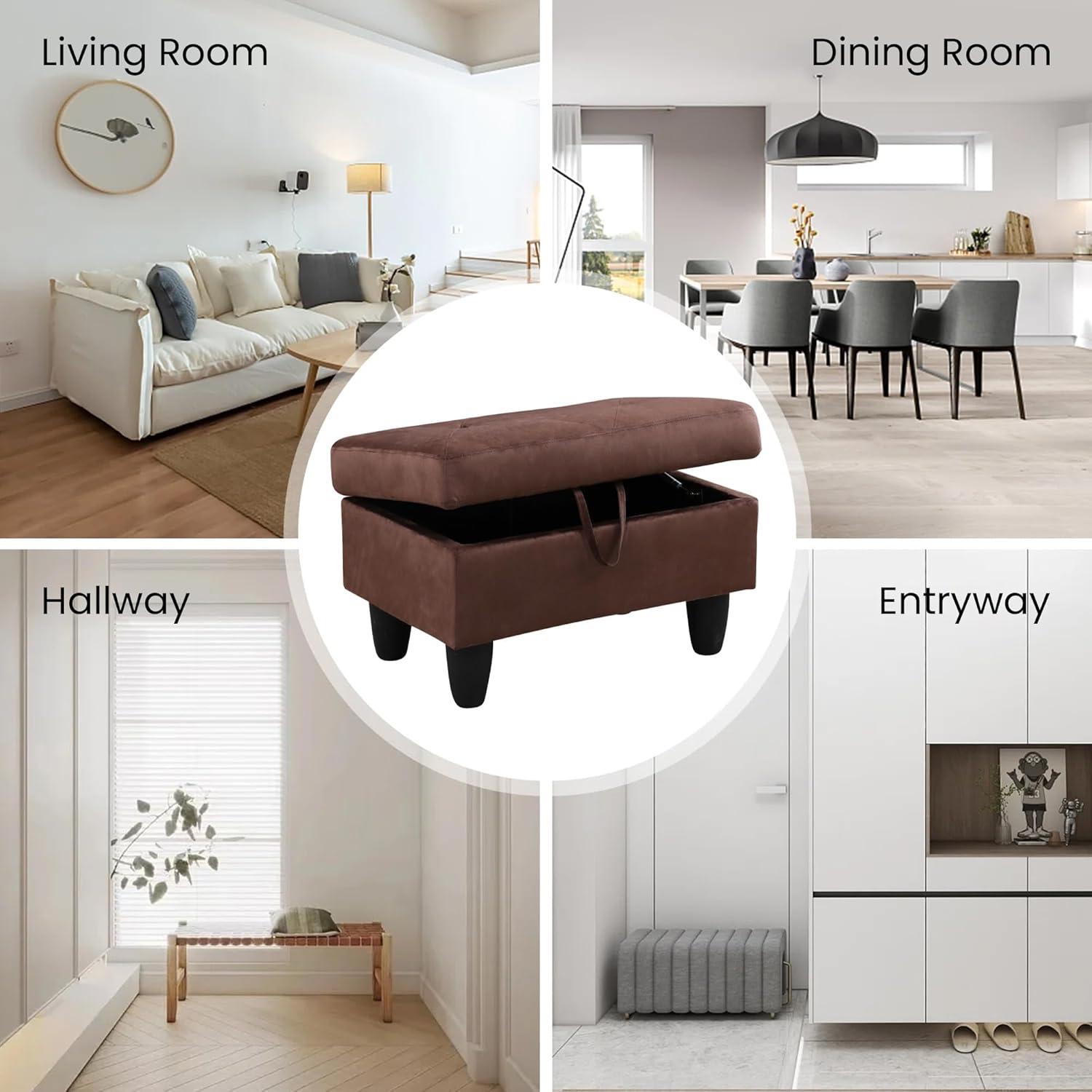 Chocolate Flannel Upholstered Storage Ottoman Bench with Legs