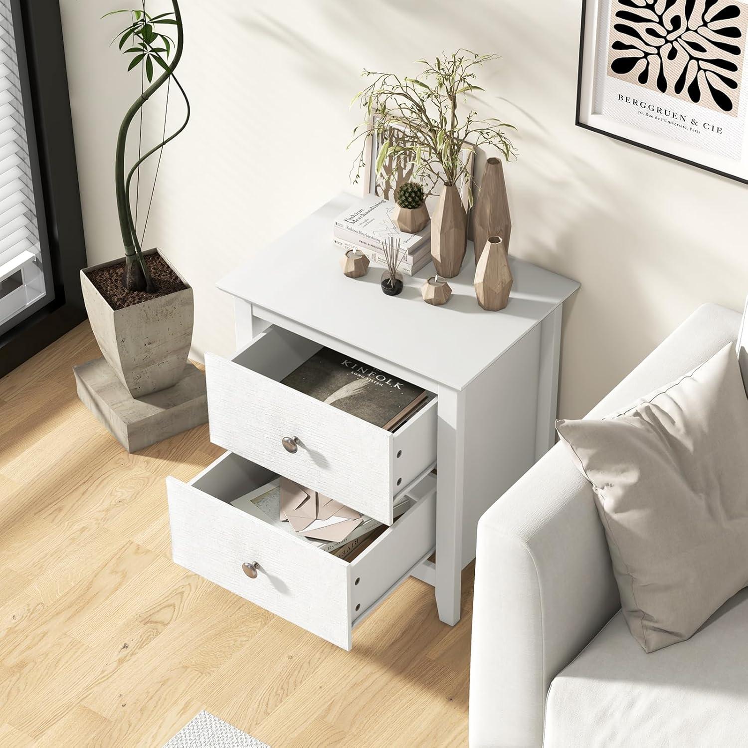 Tangkula Modern Nightstand with Storage 2 Drawers & Support Legs for Bedroom White