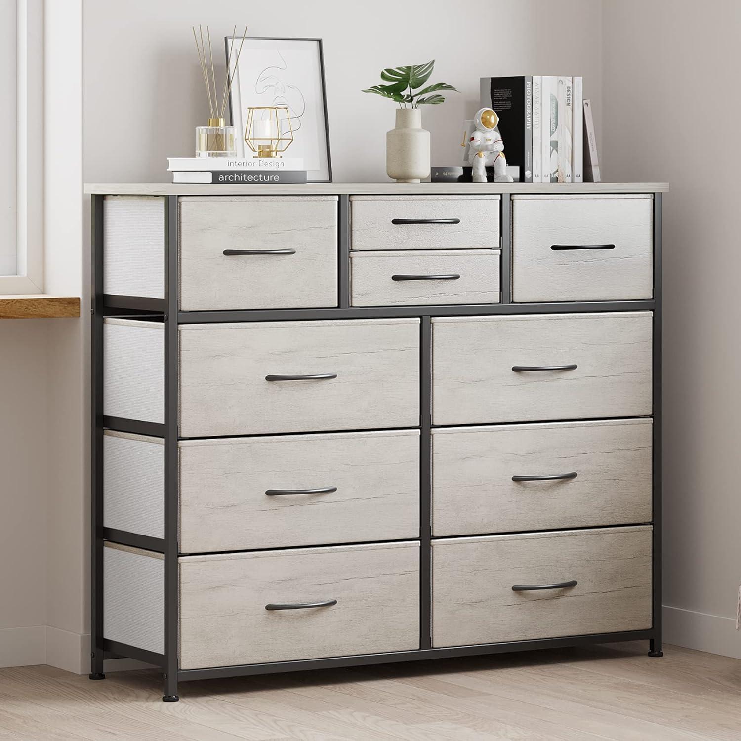 Greige 10-Drawer Fabric Storage Dresser with Steel Frame