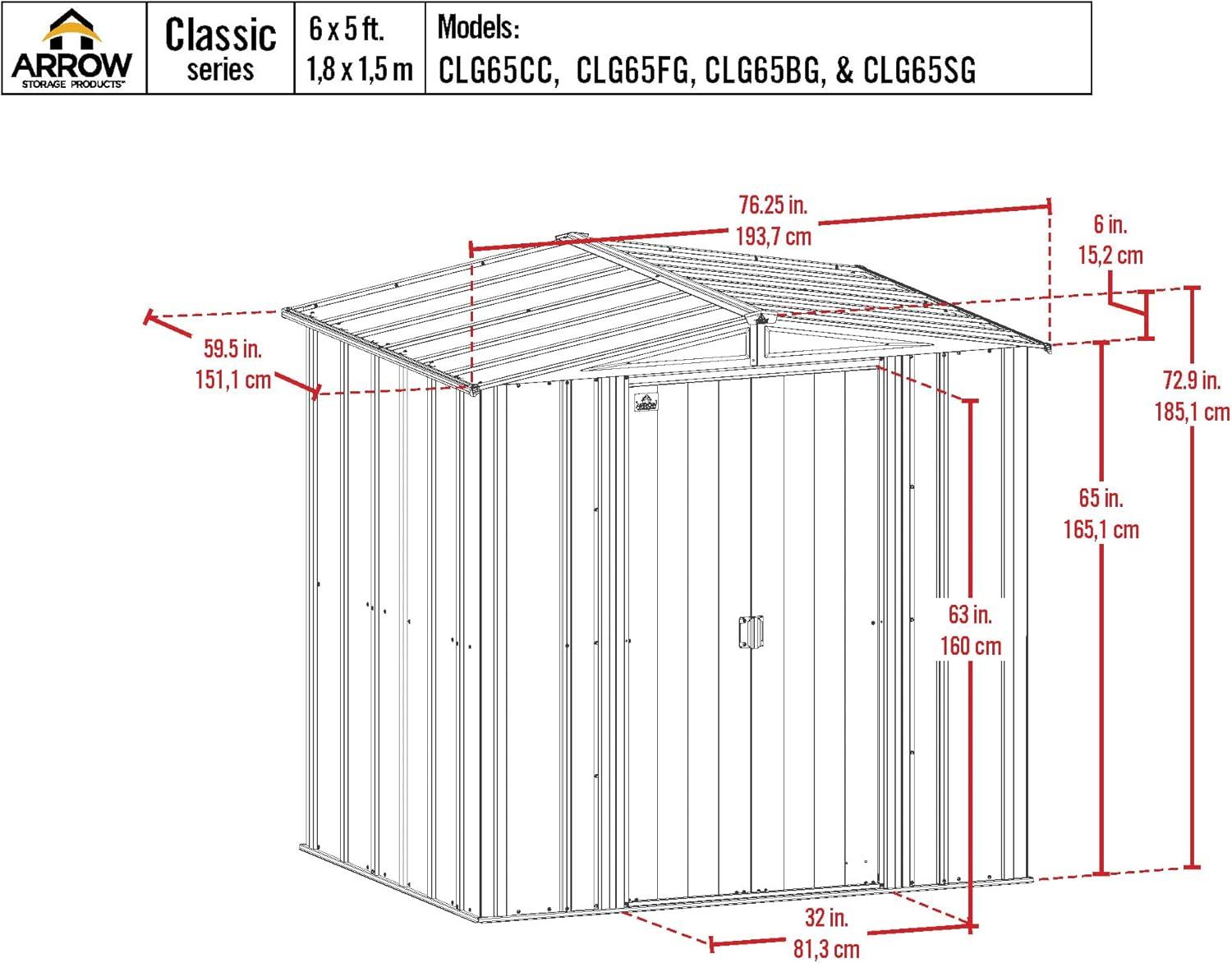 Arrow Classic 6x5 Flute Grey Steel Storage Shed with Sliding Doors