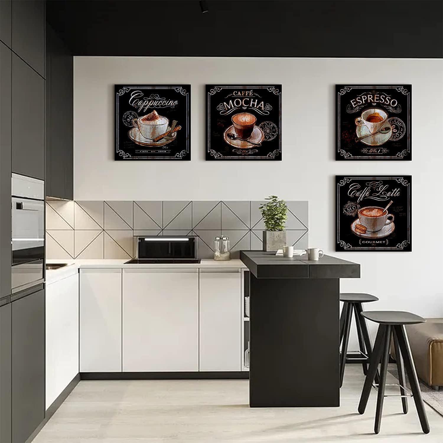 Kitchen Wall Art Coffee Wall Art Vintage Brown Black Cafe Pictures Dining Room Bar Wall Decor Fireplace Sign Bean Modern Artwork Canvas Coffee Shop Painting Family Restaurant Home Decoration 12x12" 4P