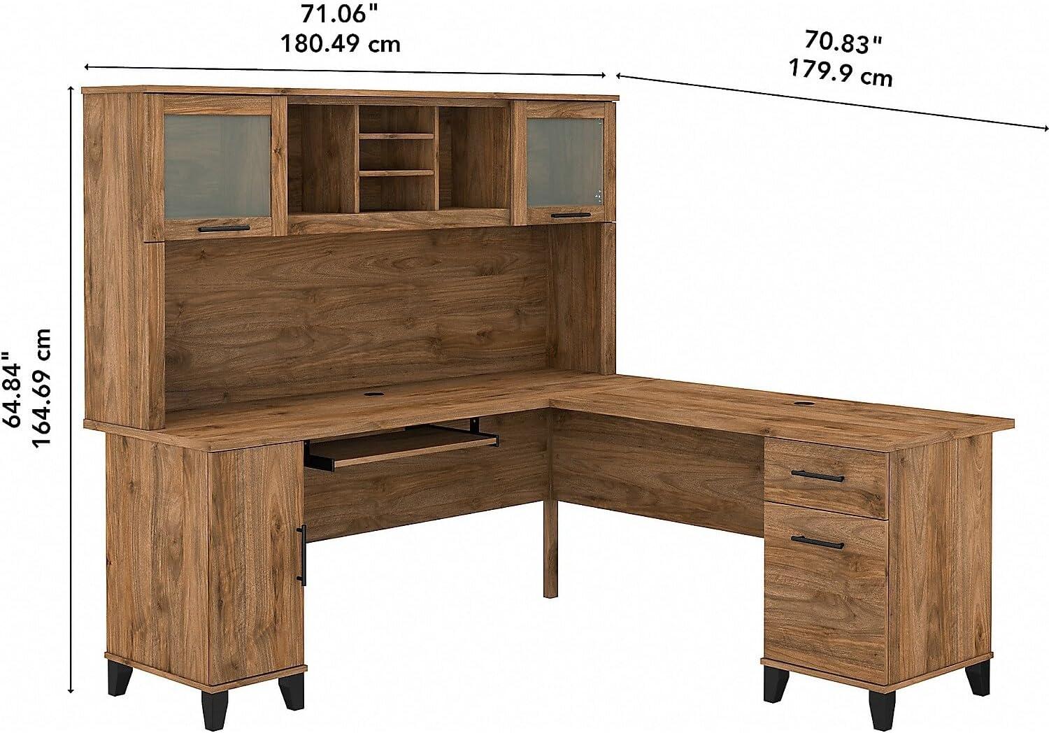 Bush Furniture Somerset 72" L Desk and Hutch with Storage, Fresh Walnut