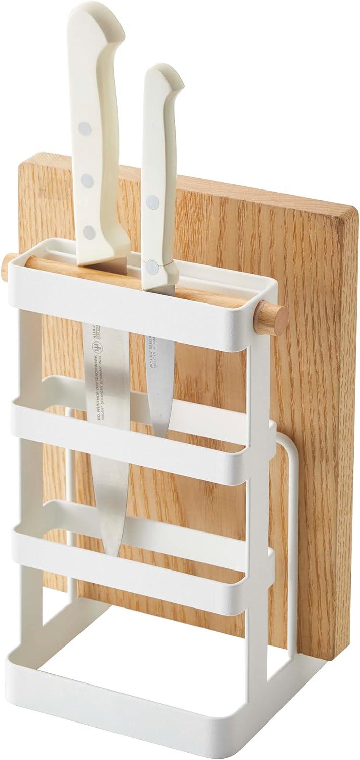 White Steel and Wood Countertop Knife and Cutting Board Organizer