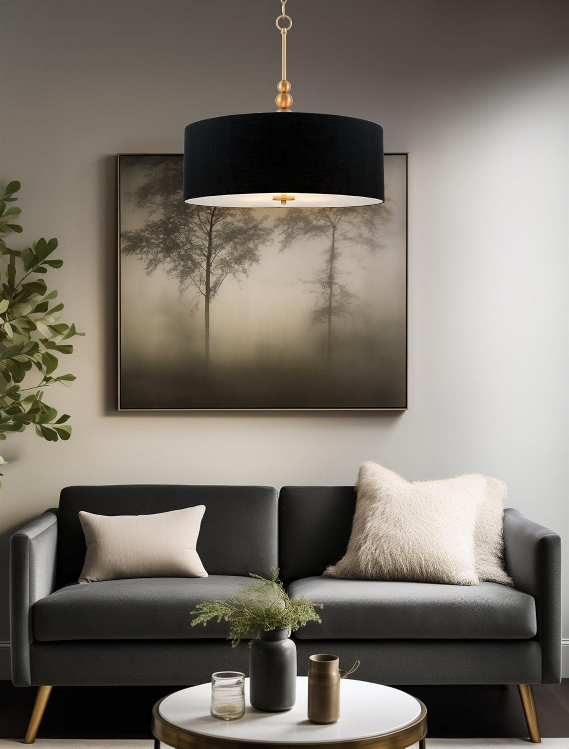 Kira Home Adelade 22" 3-Light Drum Pendant Chandelier, Black Fabric Shade, Glass Diffuser, Adjustable Height, Warm Brass