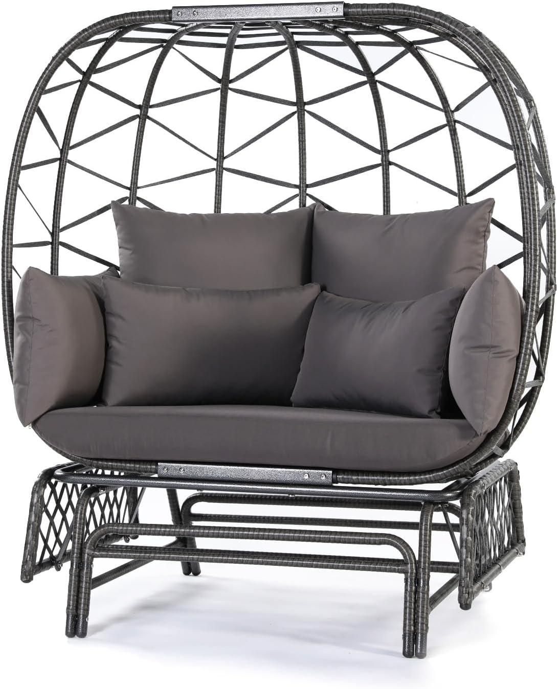 Outdoor Double Hanging Egg Chair with Stand PE Wicker Oversized Patio 2 Person Swing Egg Chair Gray Loveseat