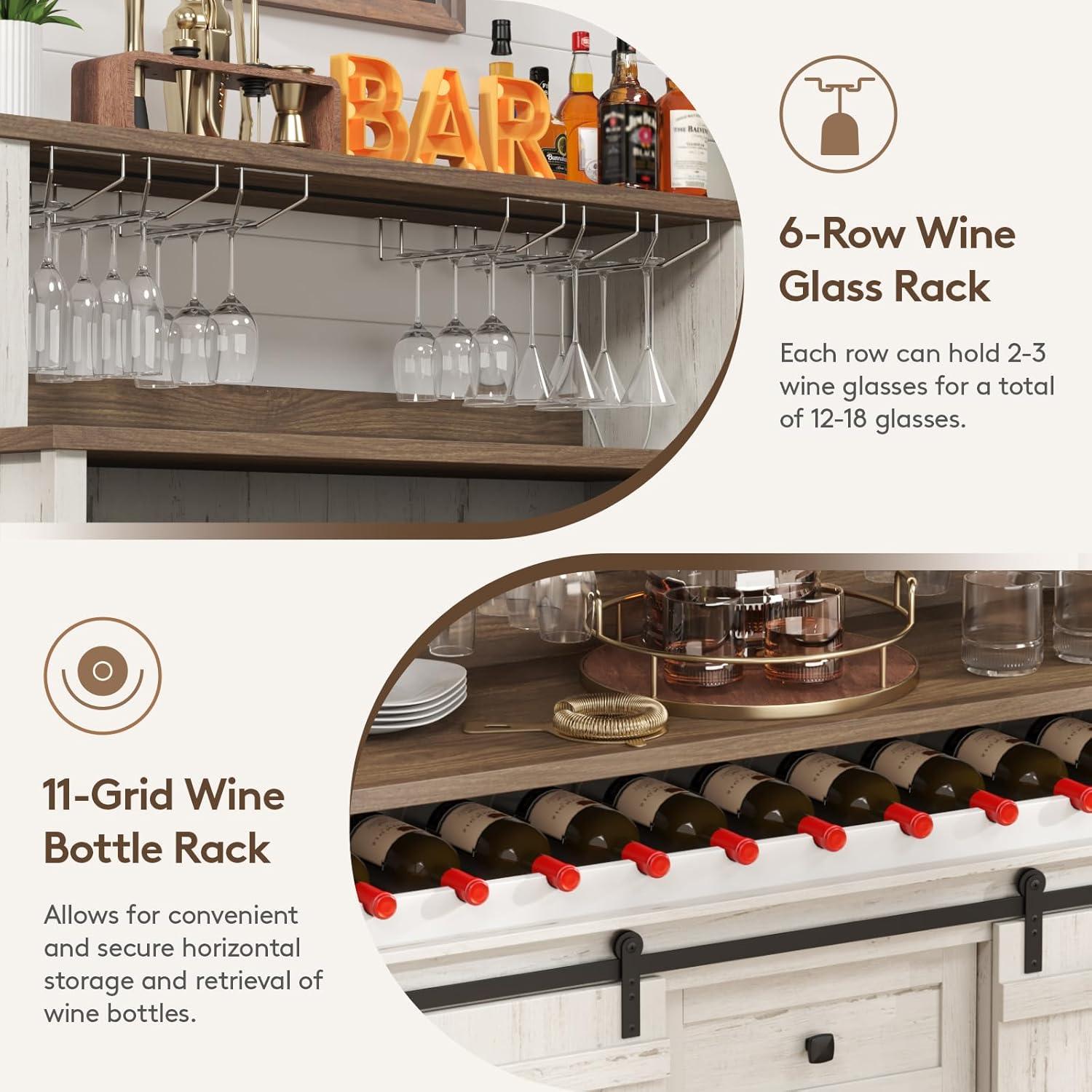 Gracie Oaks Farmhouse Wine Bar Cabinet With Sliding Bar Door And Led Lights, Sideboard With 2 Layers Tabletops, Wine And Glass Racks, 2 Storage Cabinets With Adjustable Shelf, 3 Drawers, Rustic White