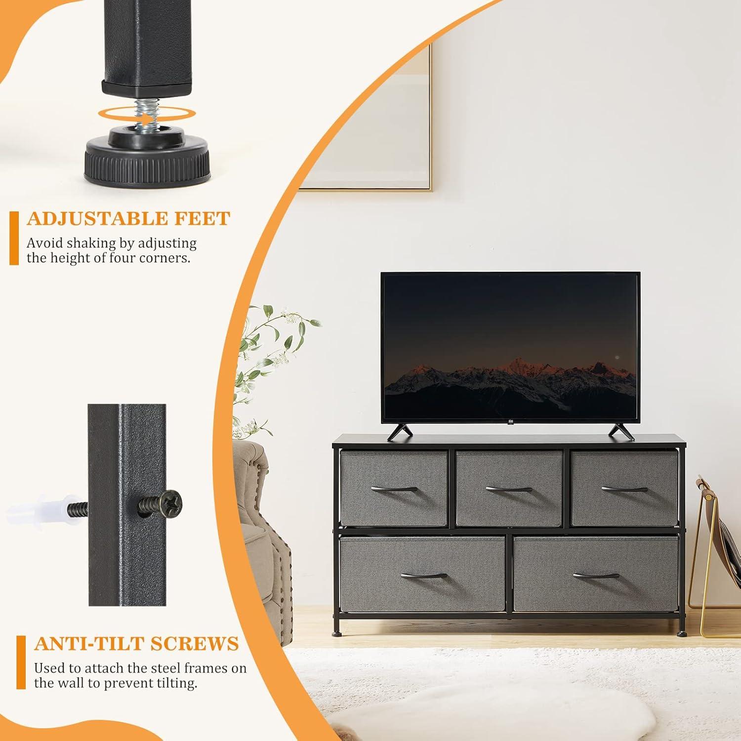 CONCETTA Dresser for Bedroom, 5 Fabric Drawers Dresser, Clothes Cabinet Storage Organizers and Wood Top Surface Table for TV, Chest of Drawers for Living Room, Hallway, Gray