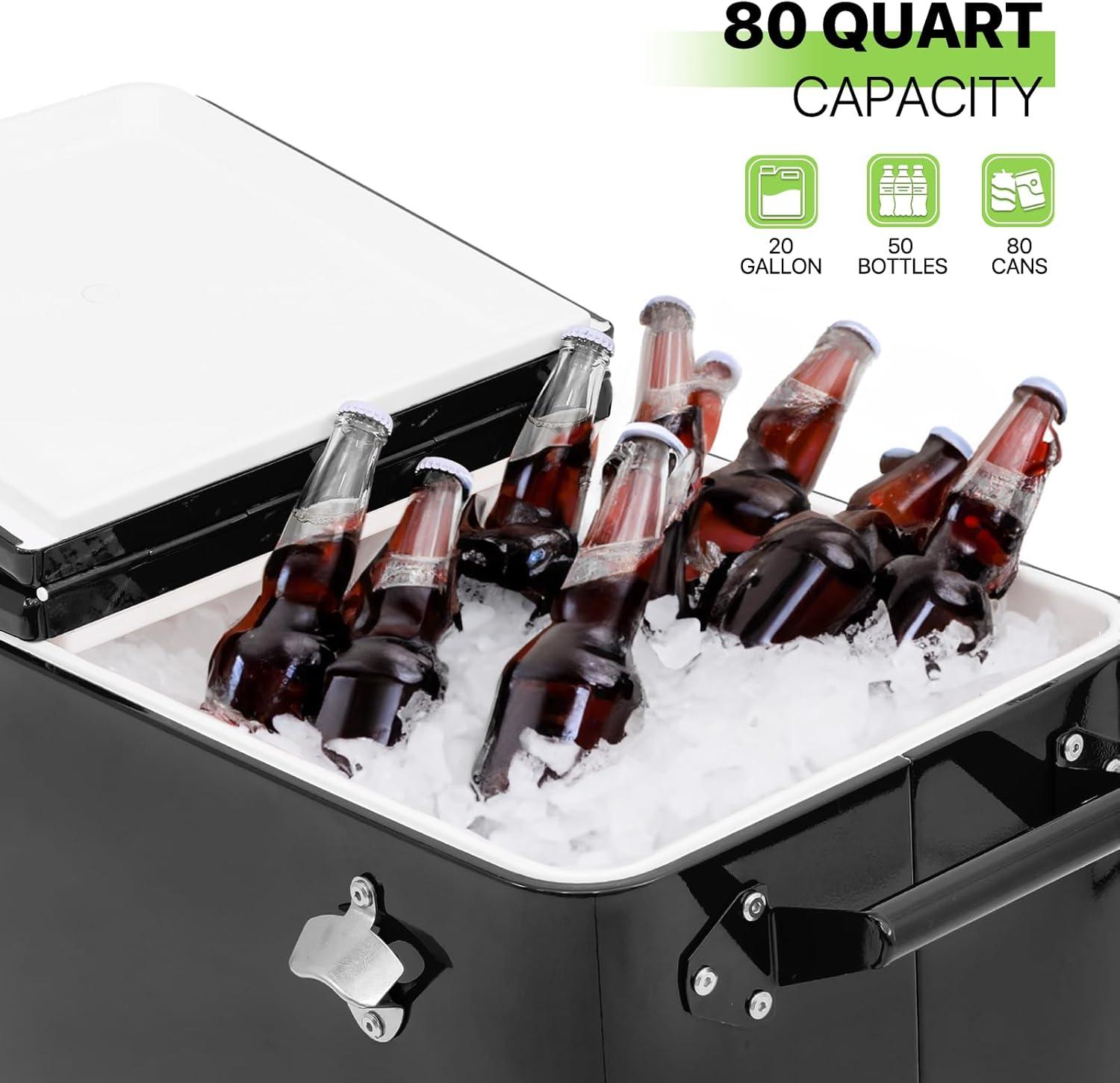 Bring Home Furniture Outdoor 80 Qt Rolling Cooler Cart, with Bottle Opener + Storage Shelf Camping Beverage Ice Chest