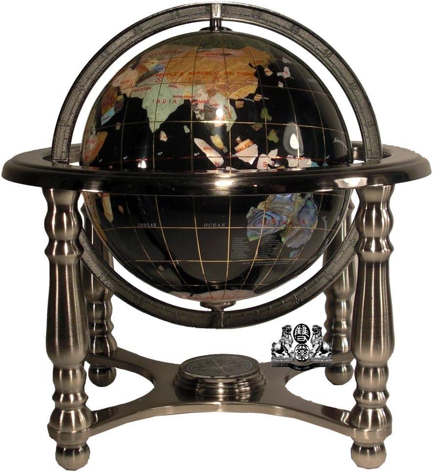 10-Inch Black Onyx Gemstone Globe with Silver Stand