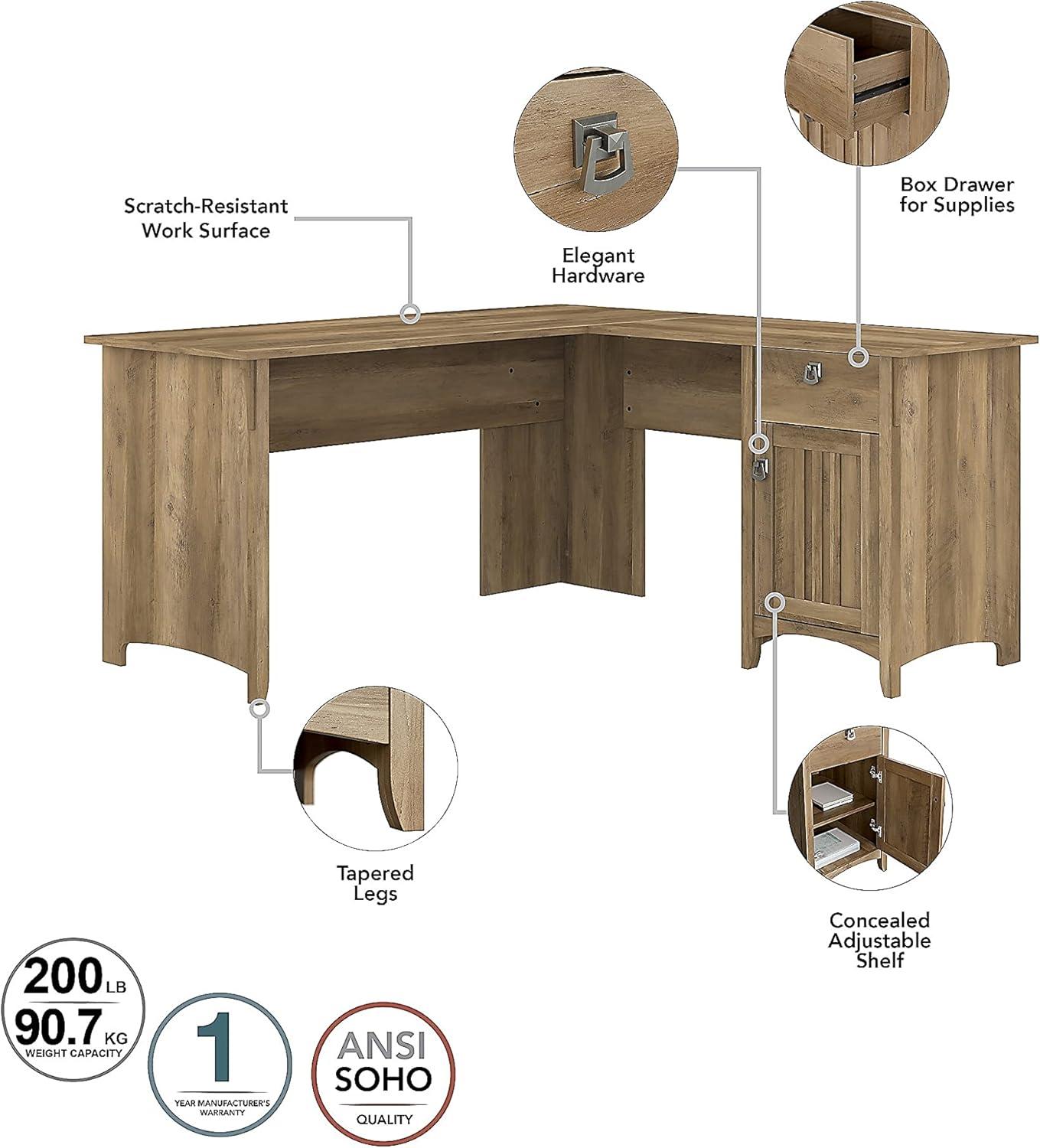 Bush Furniture Salinas Farmhouse 60 in L Shape Desk with Hutch, Box Drawer and Storage Cabinet in Reclaimed Pine (Ships in 2 boxes)