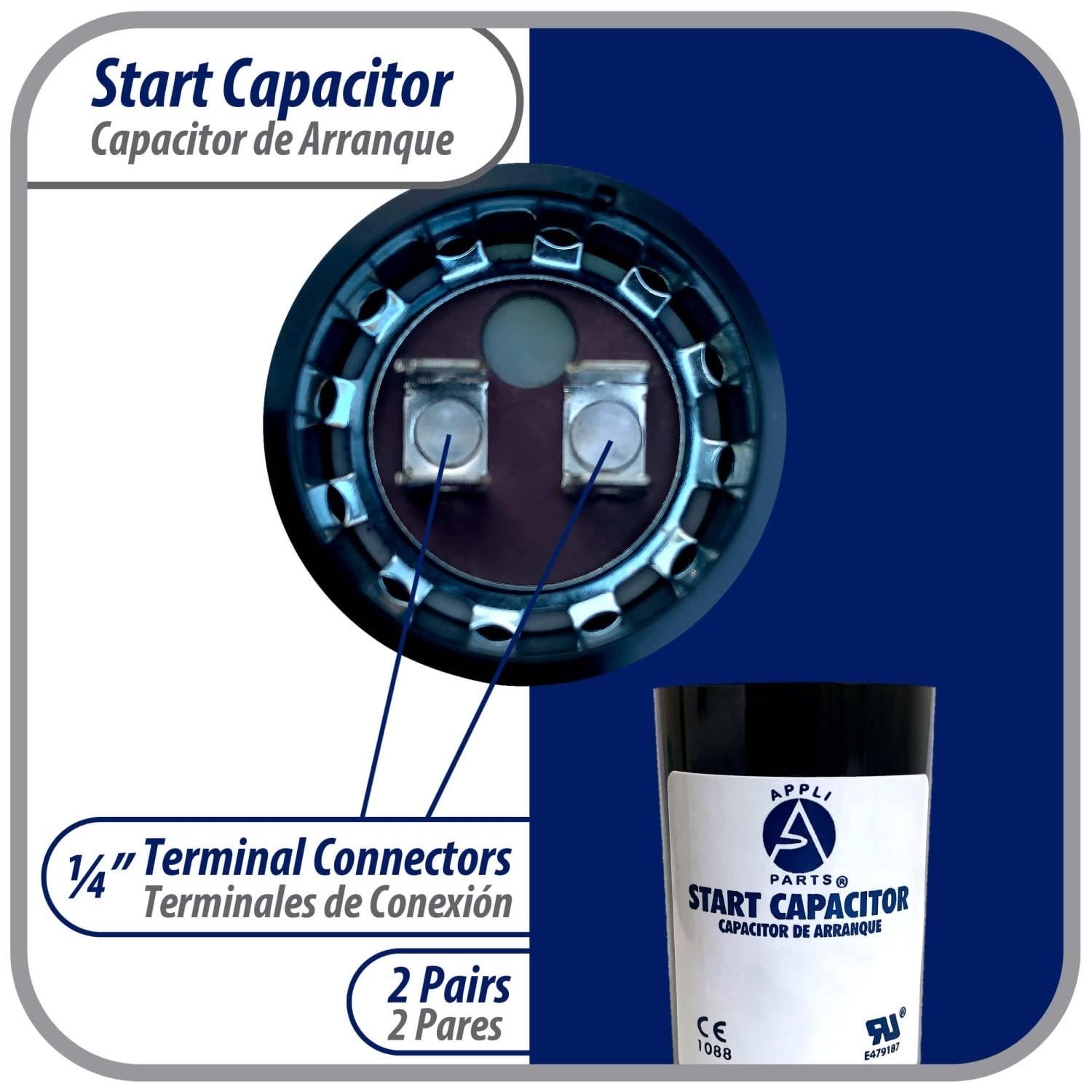 Appli Parts motor start capacitor 590-708 Mfd (microfarads) uF 250 VAC universal fit for electric motor applications 1-3/4 in Diameter 4-3/8 in Height CON-590-250