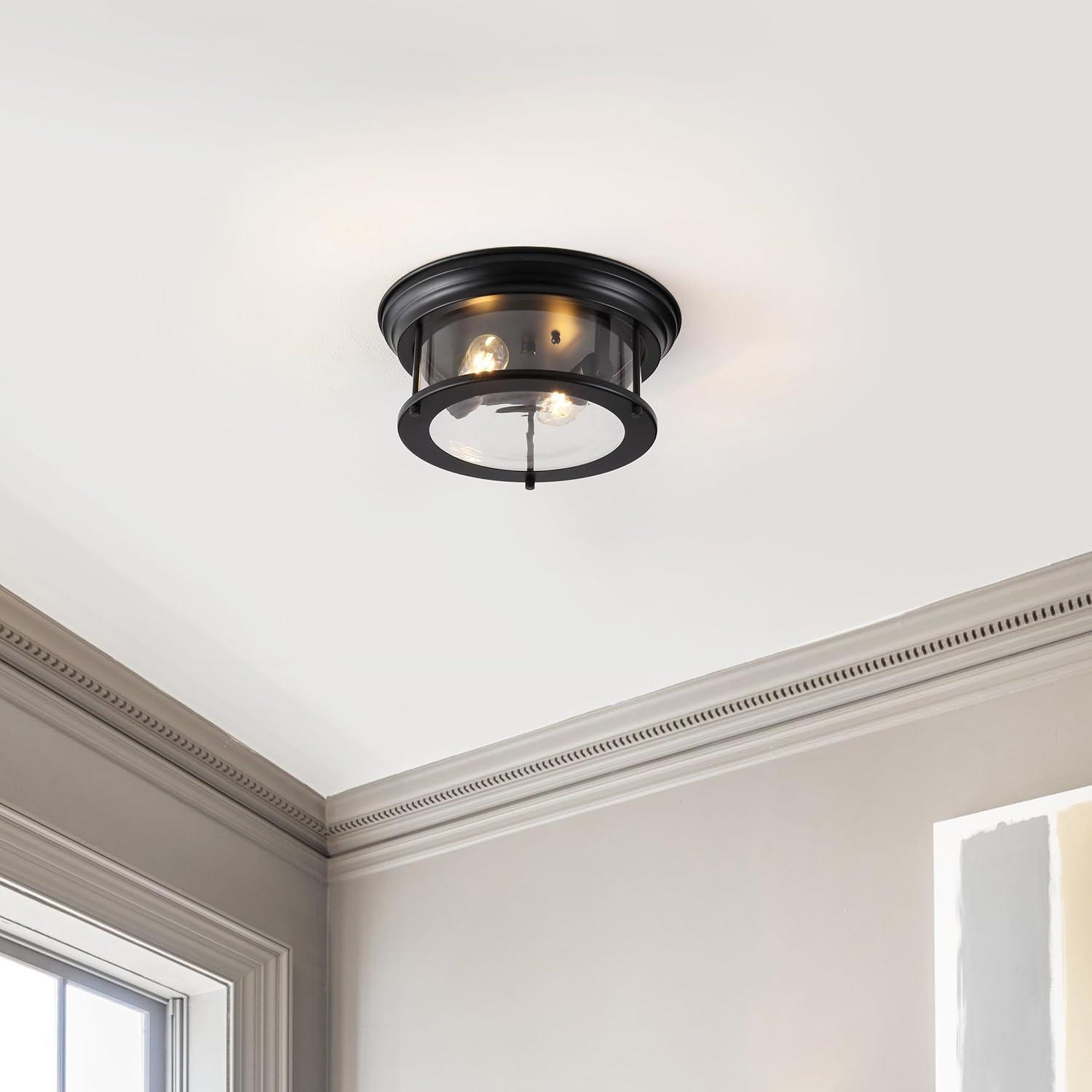 Black Glass Drum 2-Light LED Flush Mount