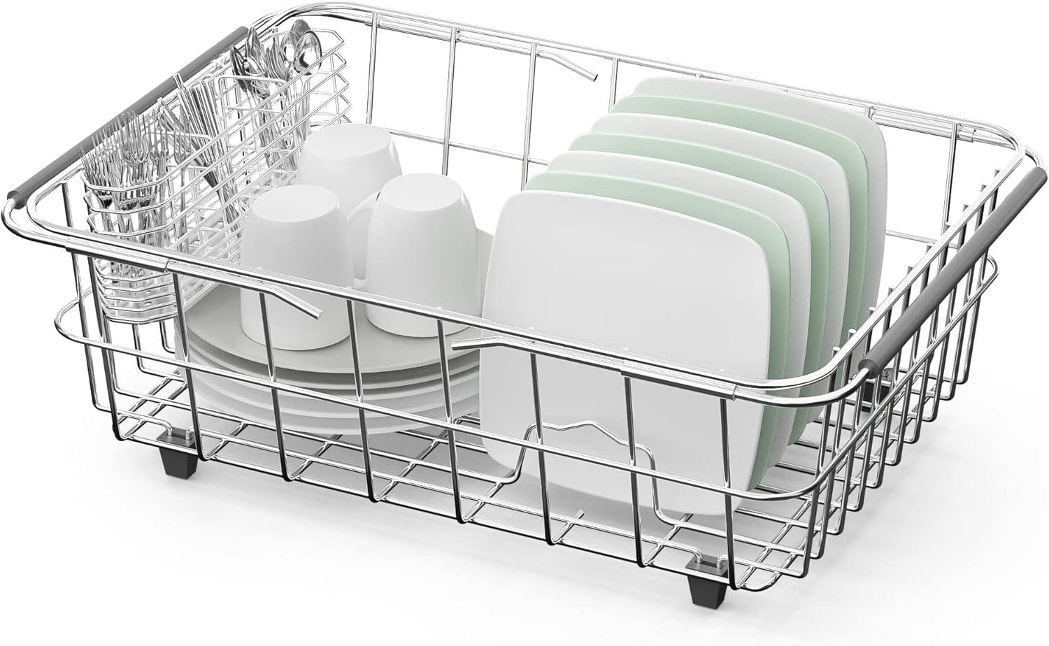 Dish Drainer in Sink Adjustable 14.96" to 20.59", Expandable 304 Stainless Steel Metal Dish Drying Rack Organizer with Stainless Steel Utensil Holder Over Inside Sink Counter