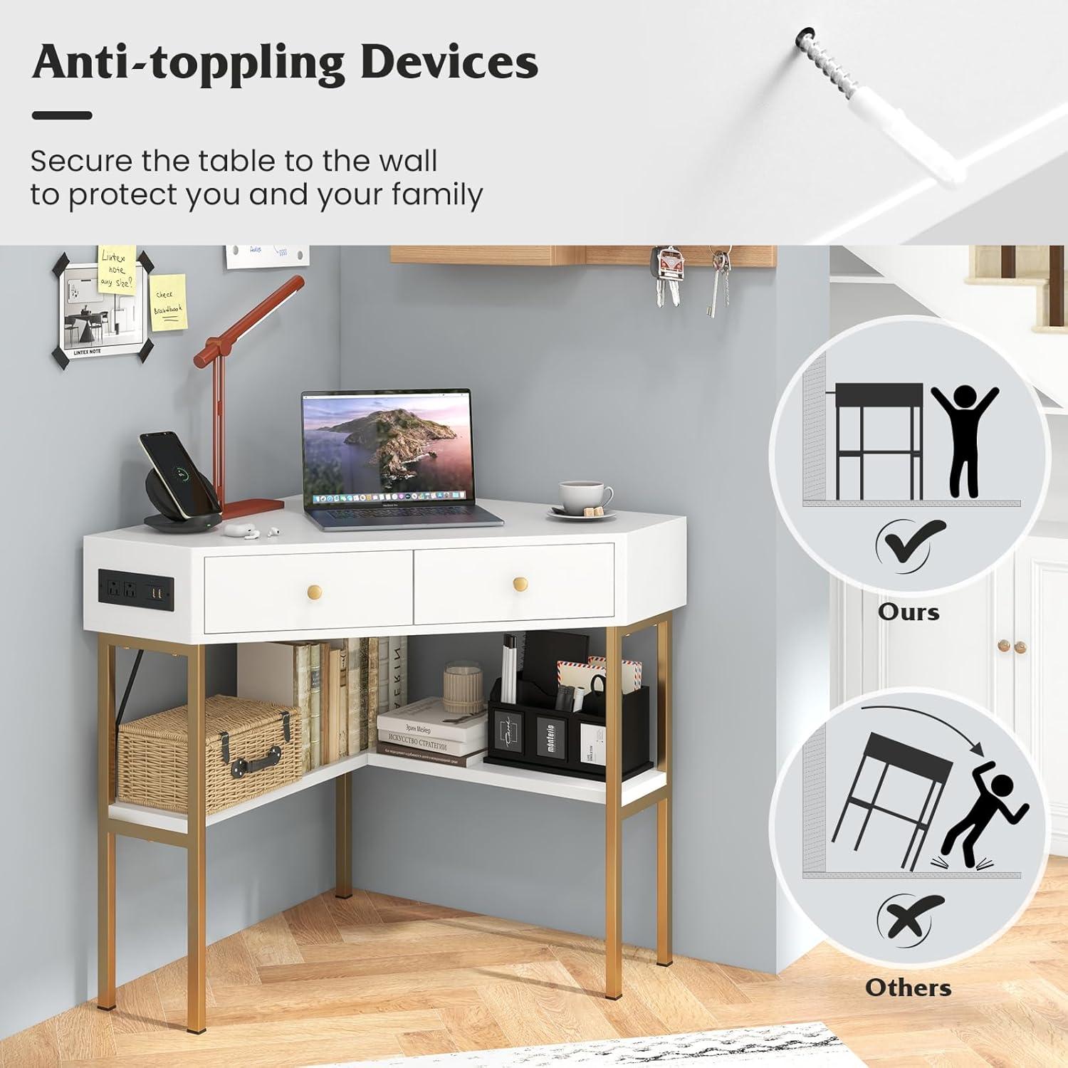 Costway Corner Desk with Built-in Charging Station Storage Drawers & Open Shelves Office White