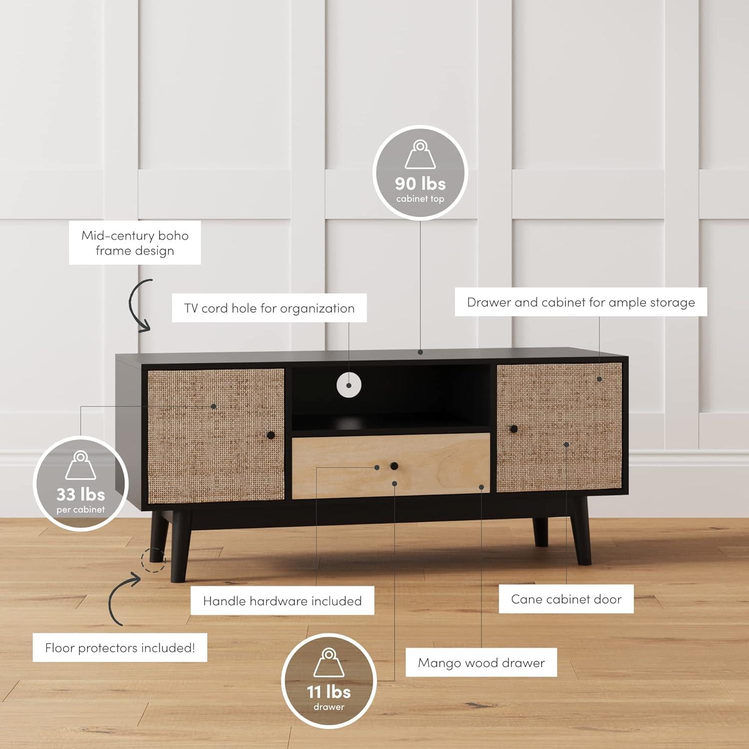 43" Bonnie Rattan and Wood 2 Door TV Cabinet for TVs up to 59" Matte Black/Light Mango Wood - Nathan James