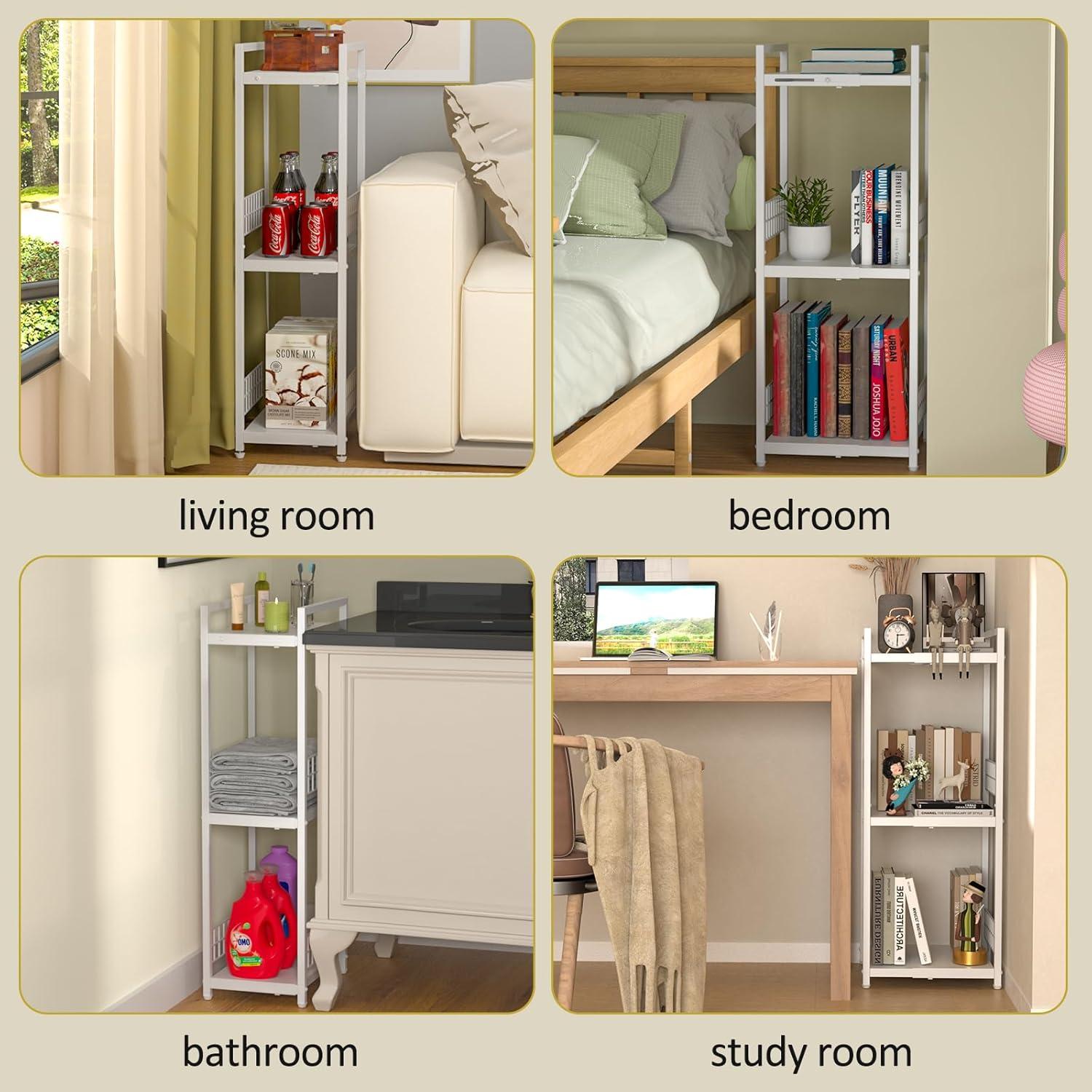 Expandable Slim Storage Shelf, 3 Tier Metal Shelving Unit for Bathroom Storage Organizer, Free-Standing Narrow Shelf, Open Floor Shelves for Small Spaces,Laundry,Bathroom,Kitchen, White