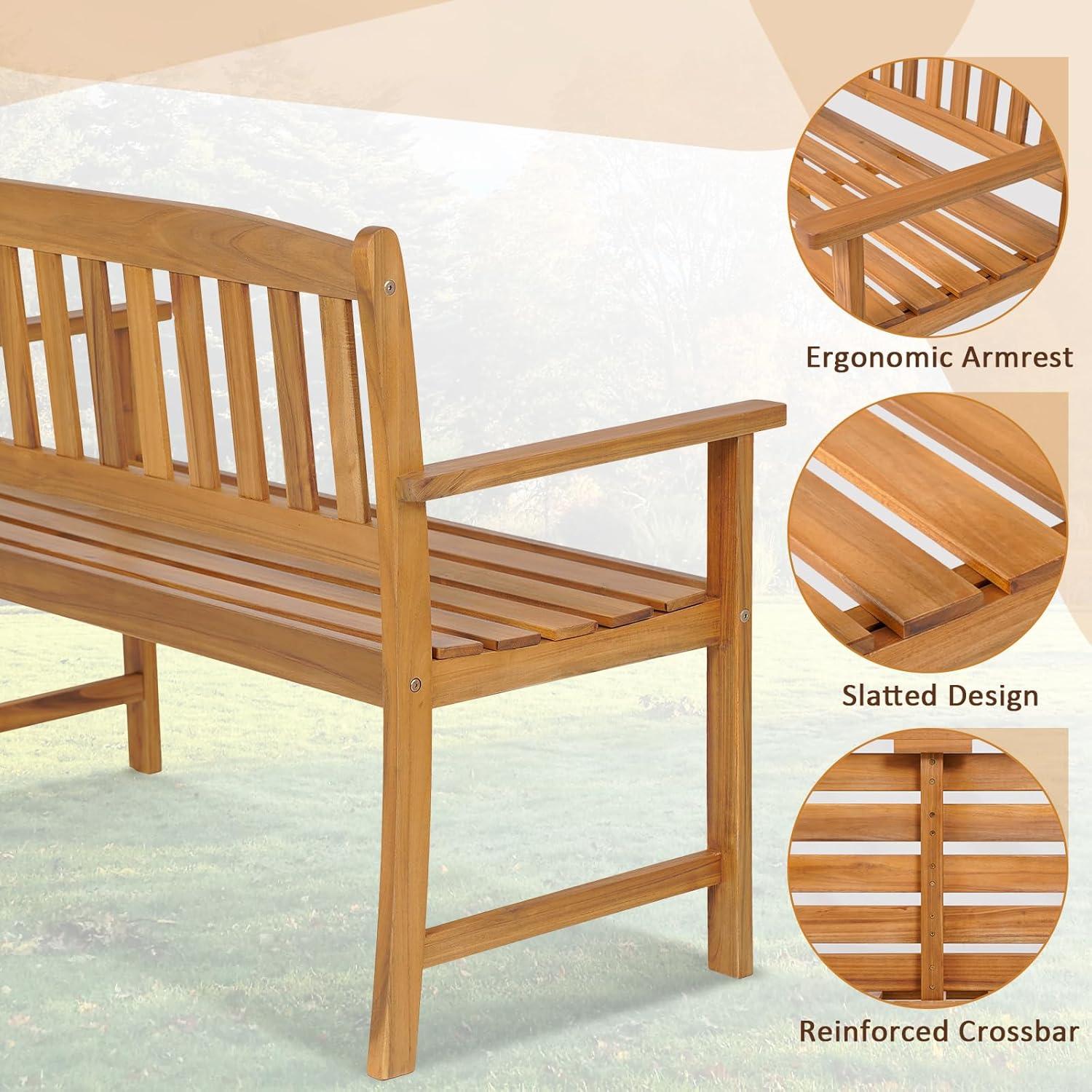 GVN 2-Person Outdoor Acacia Wood Bench with Backrest, Comfortable Outdoor Seating with Resistant Finish