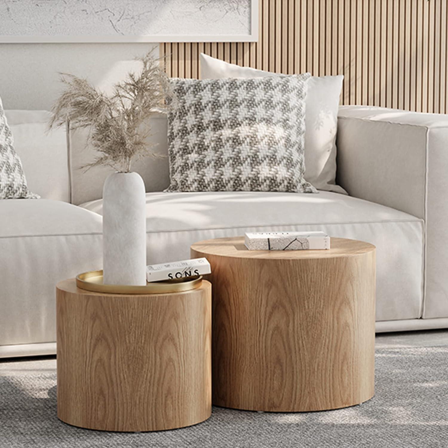 Oak Round Nesting Coffee and End Table Set