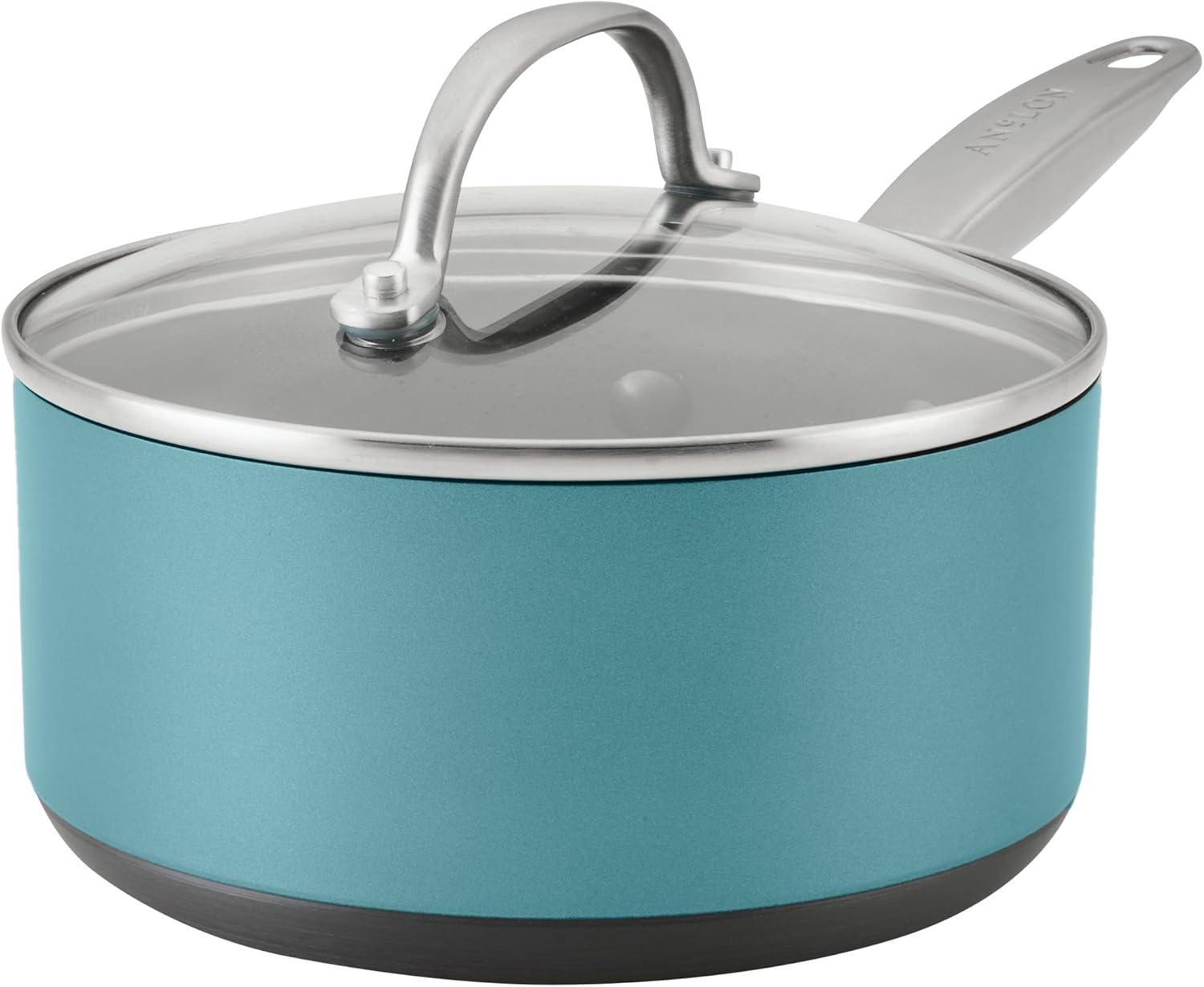 Anolon Achieve 2qt Nonstick Hard Anodized Sauce Pan with Lid Teal: 2 Quart Pot, Clear Glass Lid, Electric & Gas Compatible