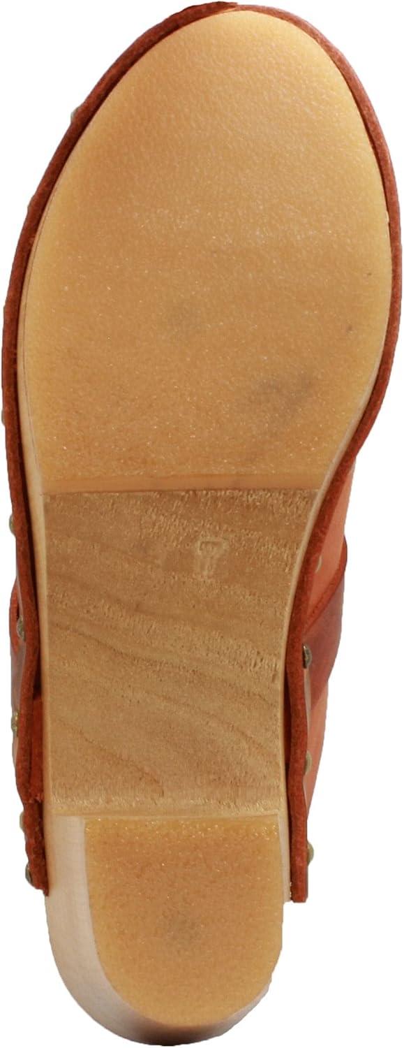 Terracotta Genuine Leather Mid-Heel Clogs with Wood Outsole