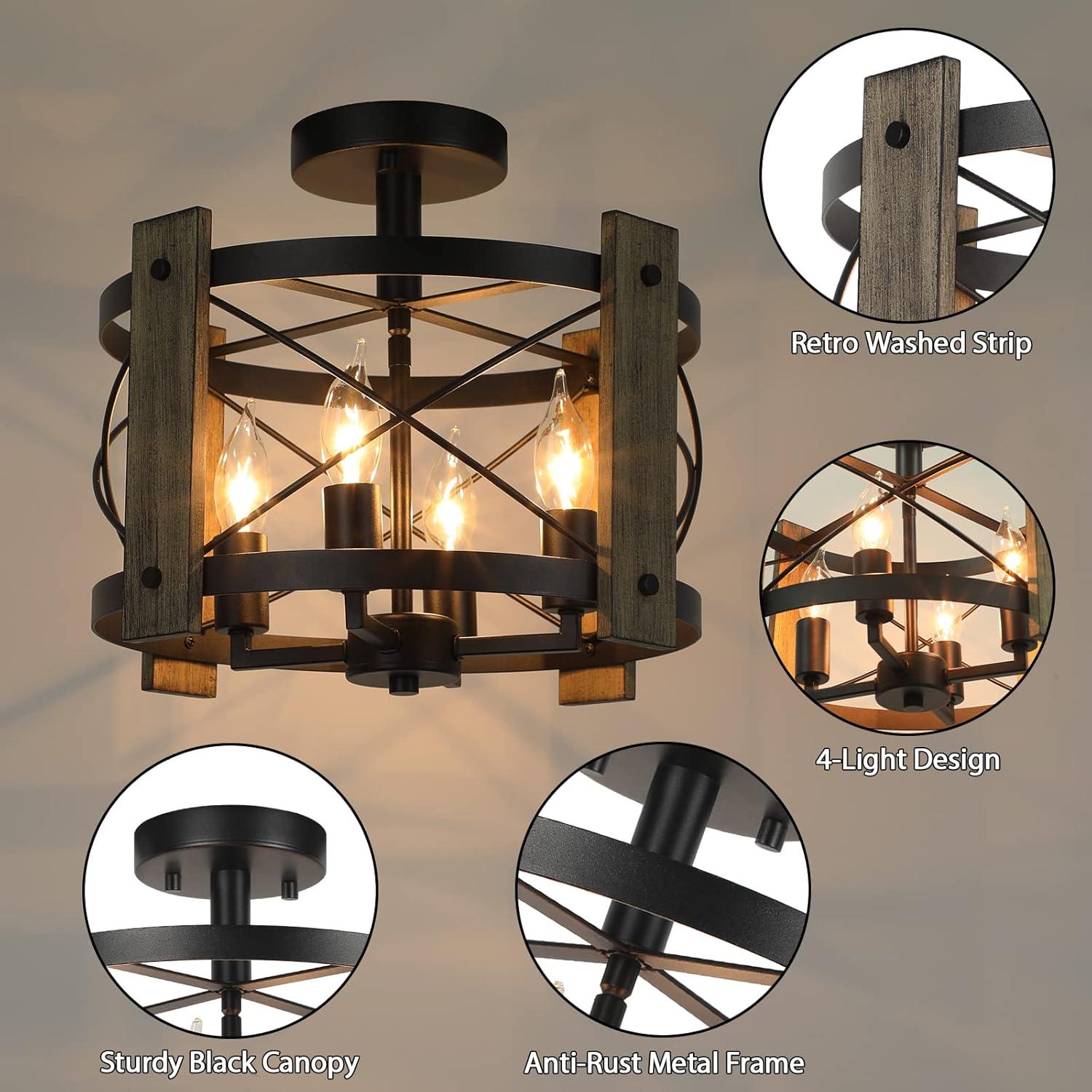 Williston Forge Farmhouse Rustic Light Fixture Ceiling Mount, Semi Flush Mount Ceiling Light Fixture, 4-Light Black Industrial Retro Washed Ceiling Light For Kitchen Dining Room Bedroom Hallway Bathroom
